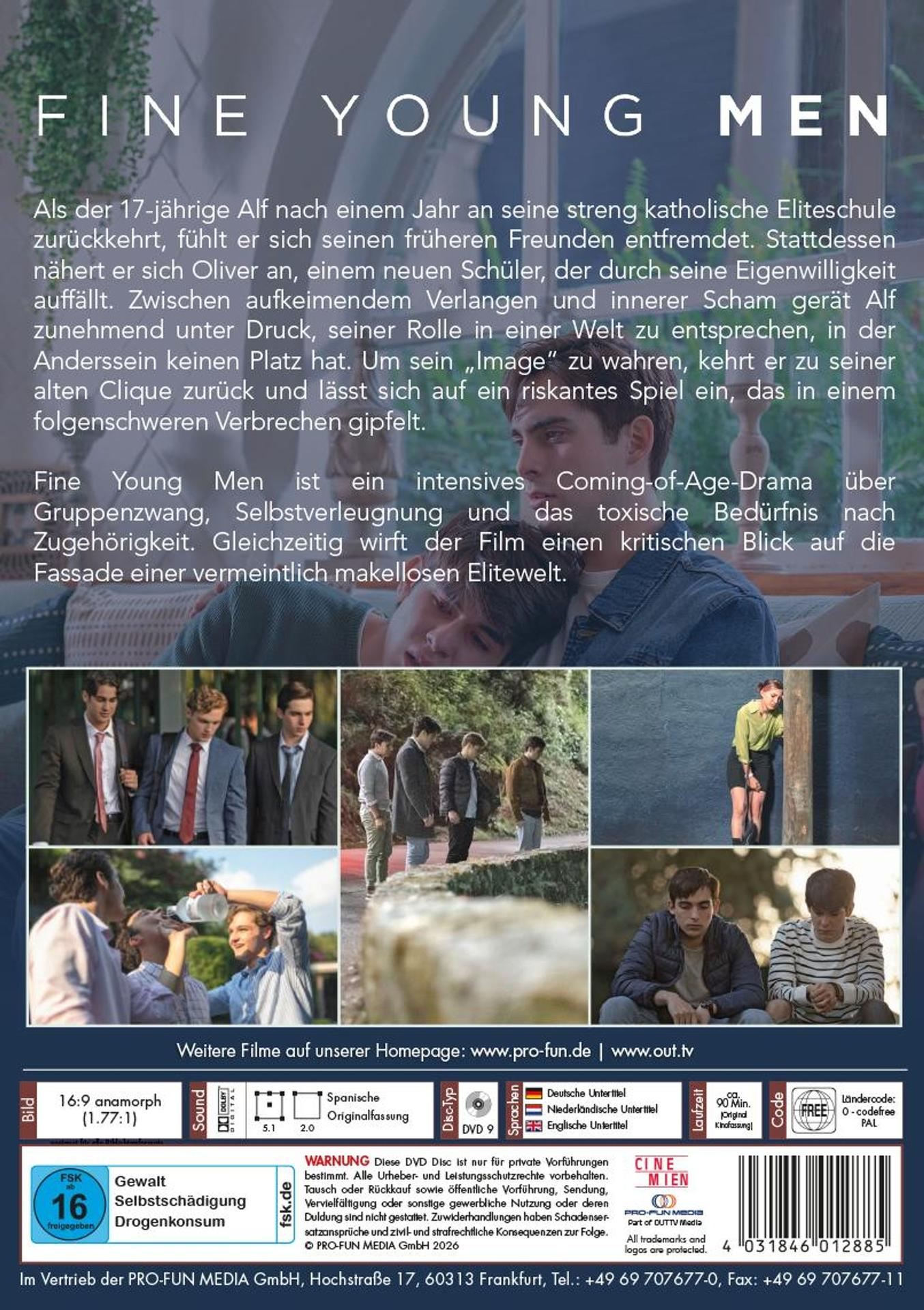 Filmplakat mit Titel FINE YOUNG MEN und Synopsis. Mehrere Szenenbilder.