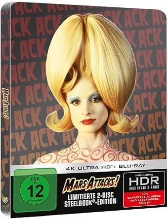 Die Hülle zeigt eine Frau mit auffälliger Frisur und Make-up. "Mars Attacks!" Blu-ray.