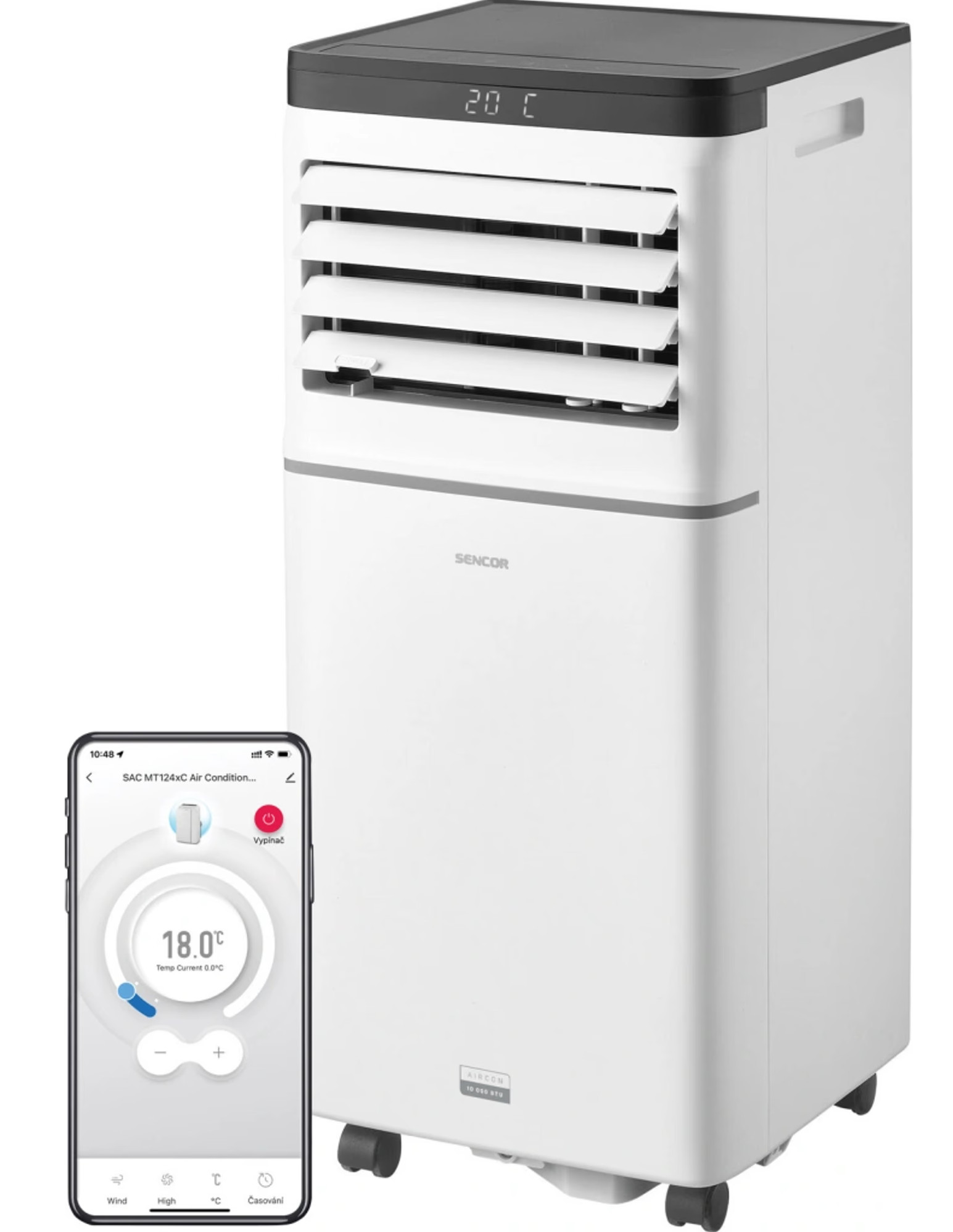 Biała wieża klimatyzatora SENCOR ze smartfonem pokazującym sterowanie.