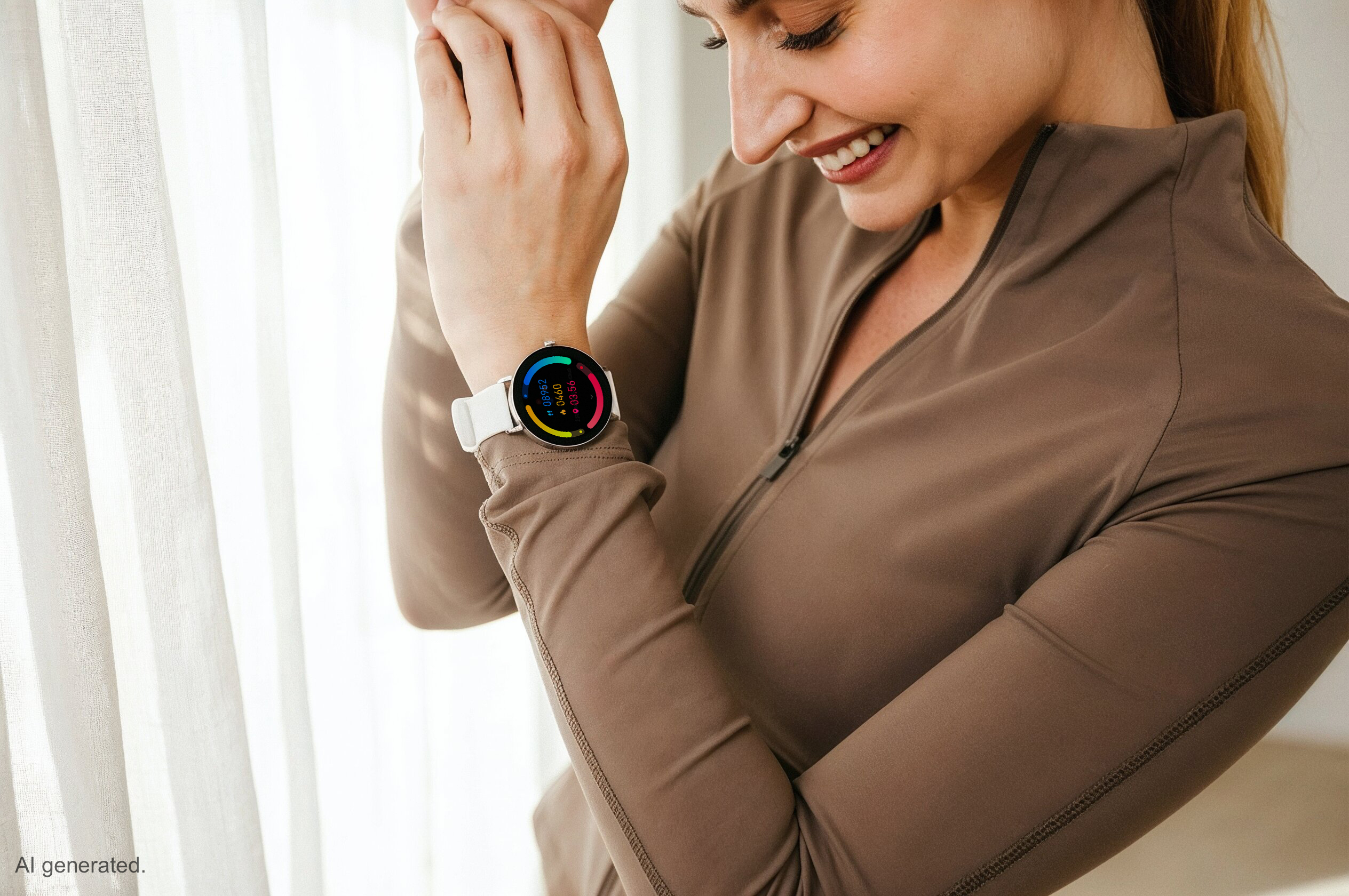 Eine Frau trägt eine Smartwatch mit bunten Zifferblättern und einen braunen Sport-Reißverschluss.