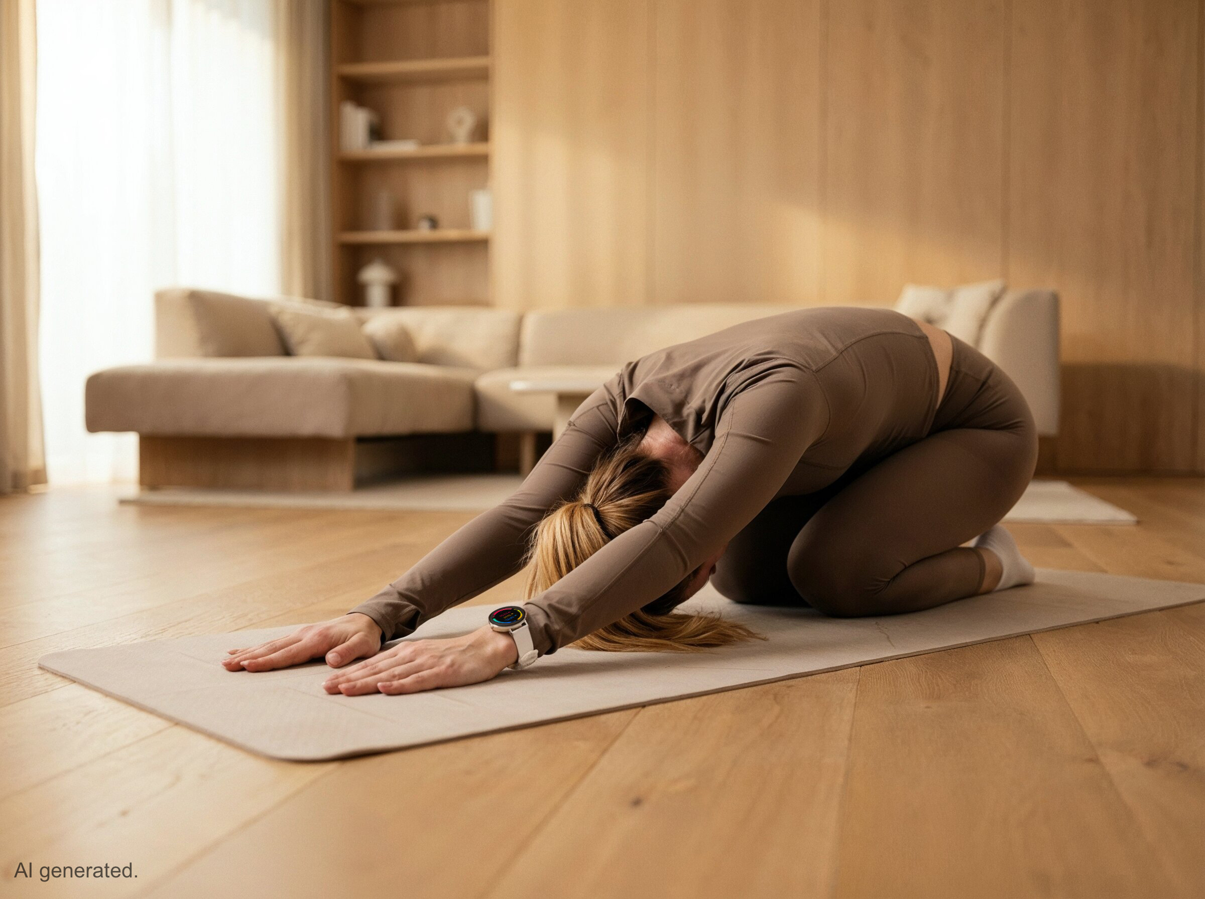 Eine Frau in brauner Sportkleidung macht Yoga auf einer Matte in einem hellen Wohnzimmer.
