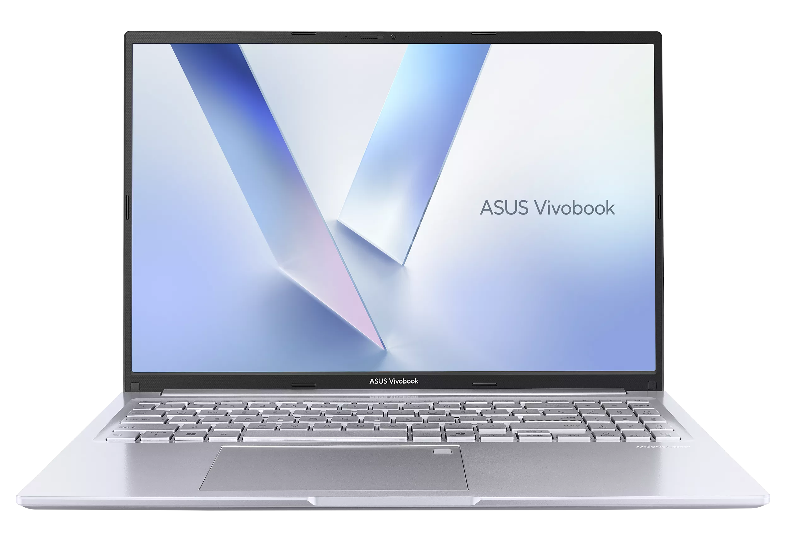 Otwarty srebrny laptop ASUS Vivobook z abstrakcyjnym niebiesko-białym tłem.
