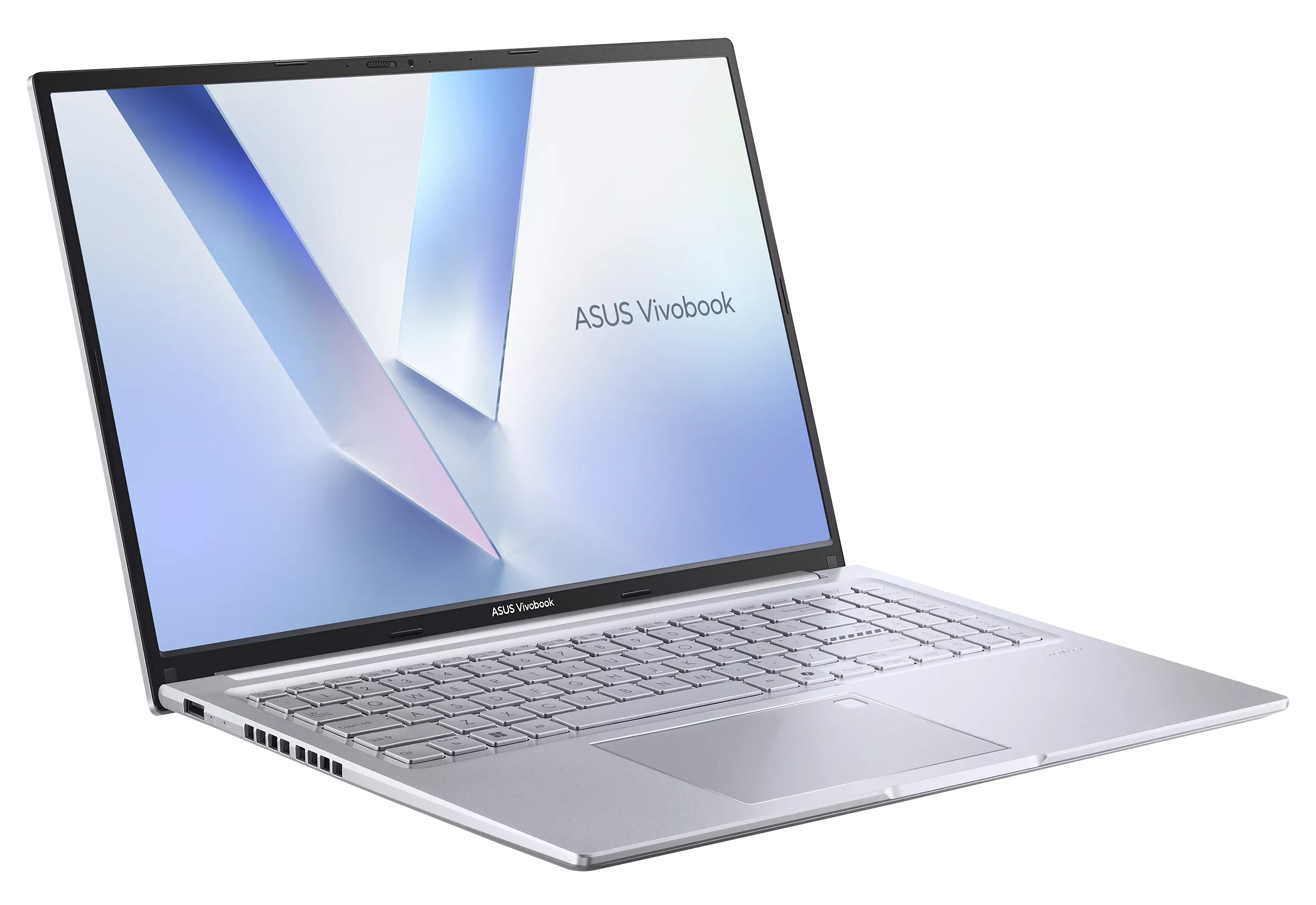 Srebrny laptop Asus Vivobook z jasnoniebieskim i białym tłem.