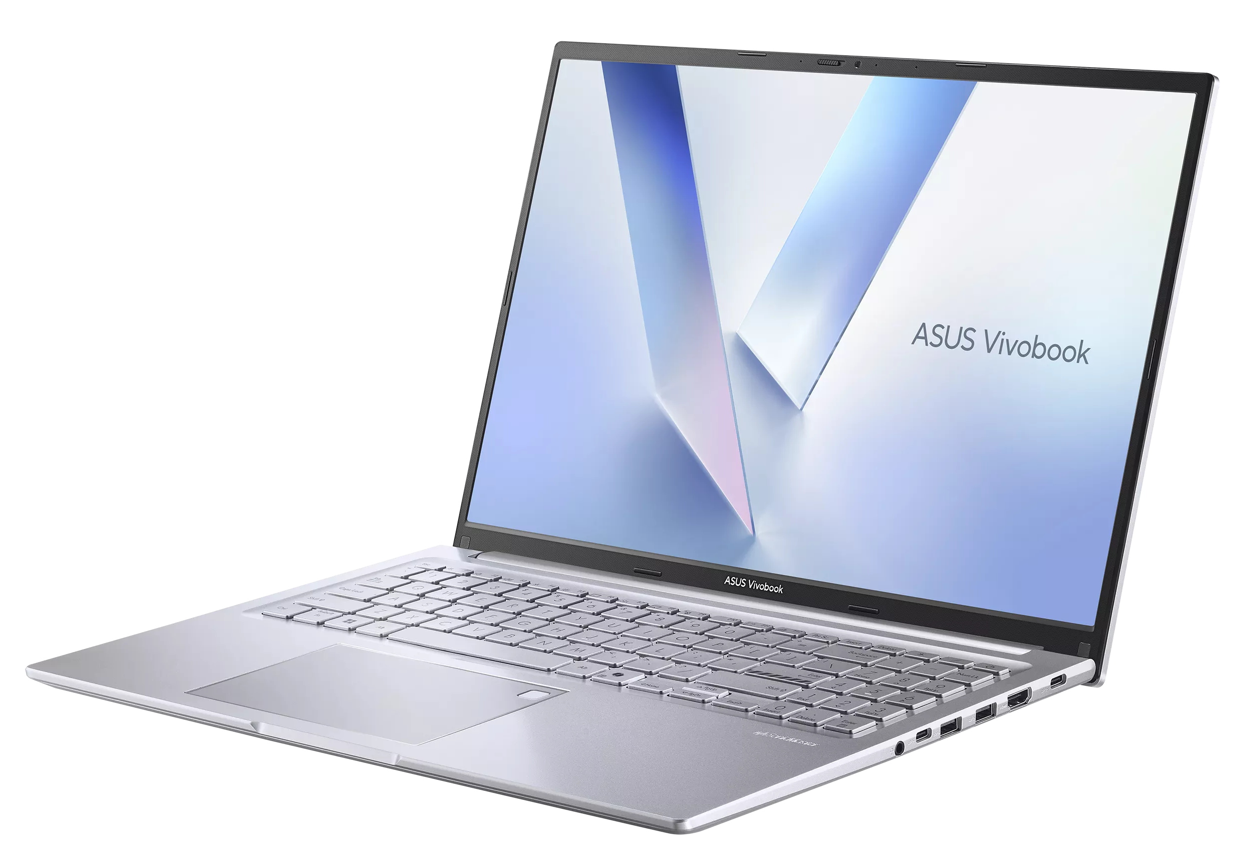 Srebrny laptop ASUS Vivobook z podświetlaną klawiaturą i portami.