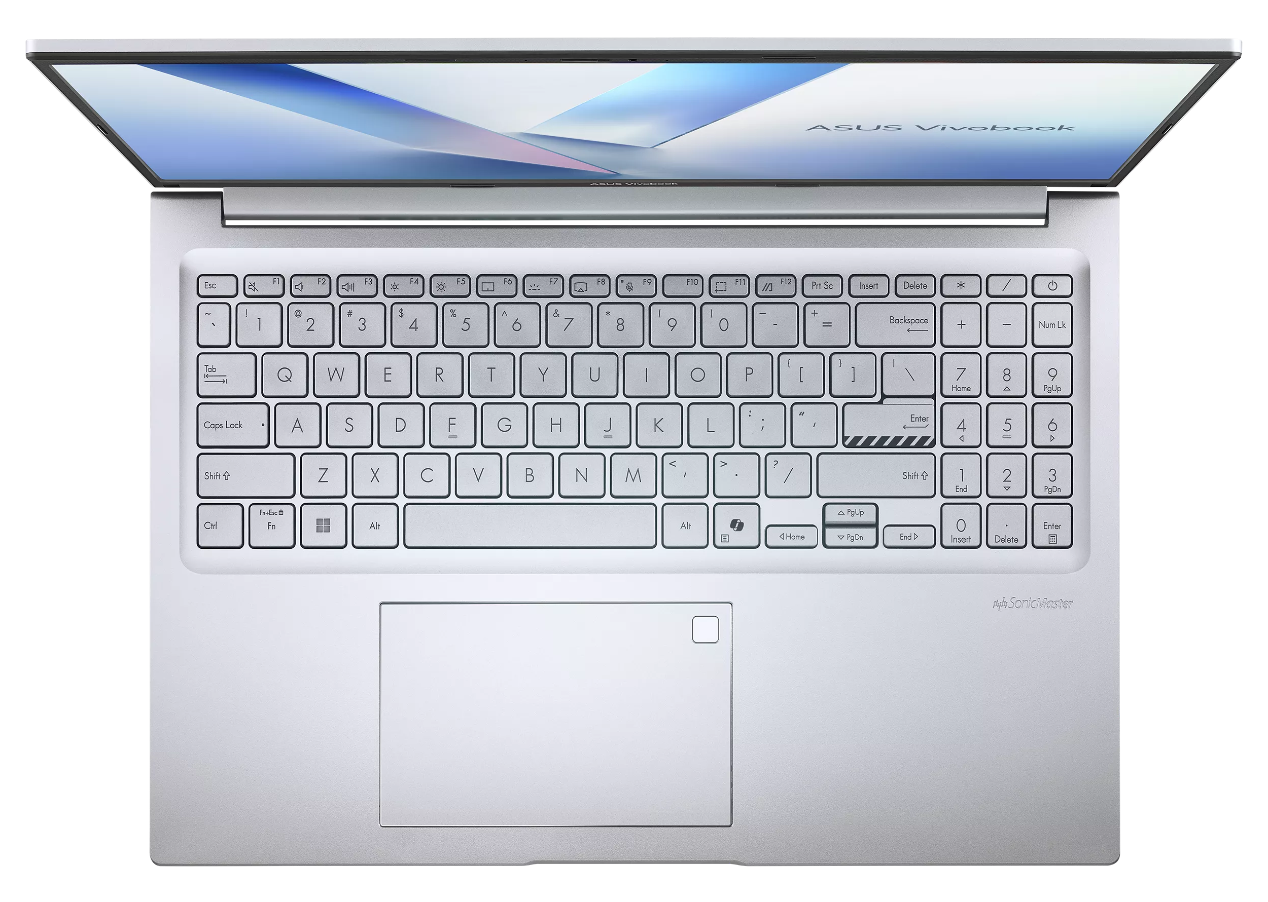 Otwarty srebrny laptop Asus Vivobook widziany z góry na czarnym tle.