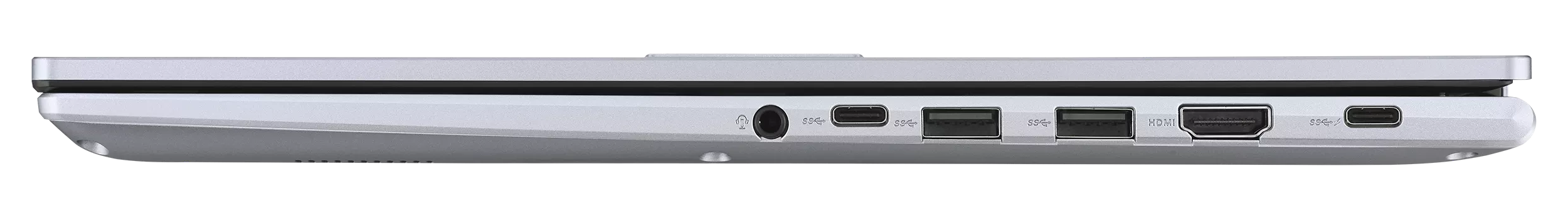 Srebrny laptop z boku z portami: słuchawki, USB-C, HDMI, USB-A.