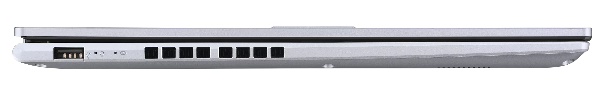 Srebrna obudowa laptopa z portami USB i otworami wentylacyjnymi.