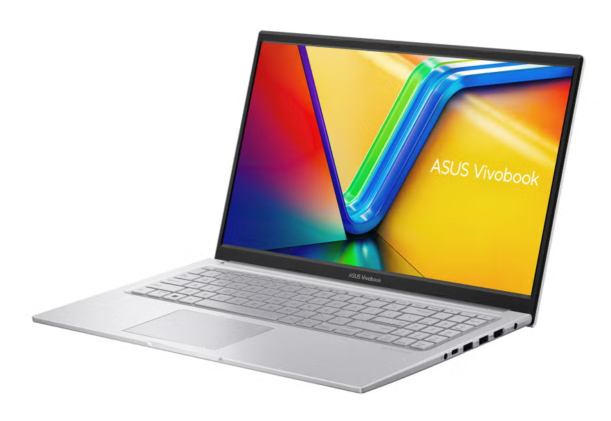 Srebrny laptop Asus Vivobook z kolorową tapetą na ekranie.