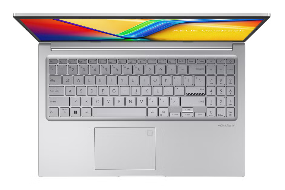 Otwarty srebrny laptop z klawiaturą, touchpadem i kolorowym ekranem.