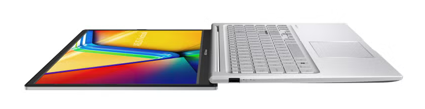 Biały laptop z kolorowym ekranem, pokazany w stanie otwartym.