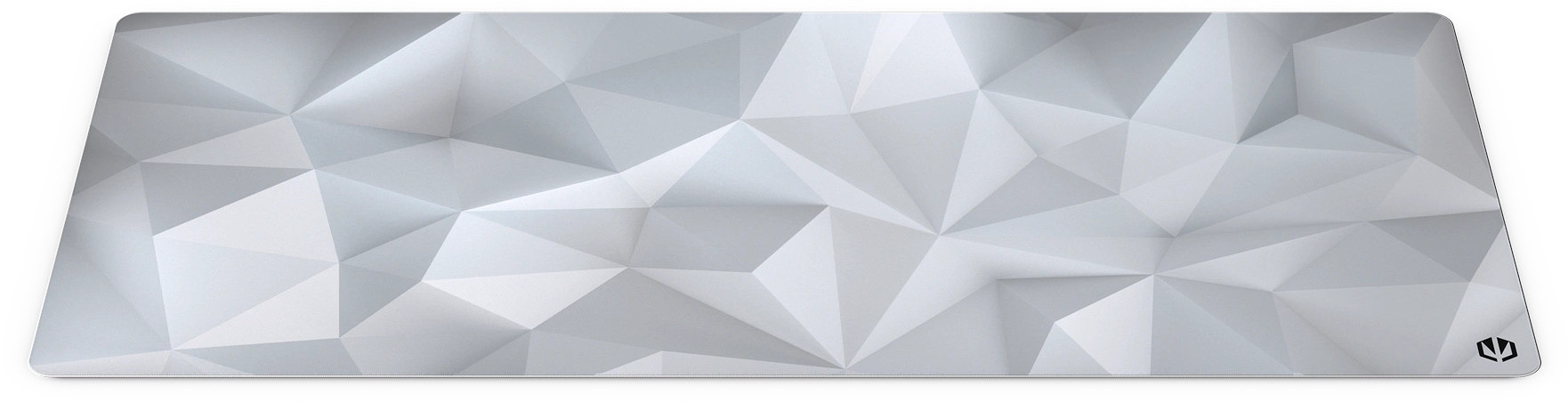 Szara podkładka pod mysz z geometrycznym wzorem 3D i czarnym logo w prawym dolnym rogu.