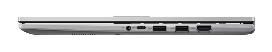 Srebrny laptop z portami USB-C, USB-A, HDMI i zasilania.
