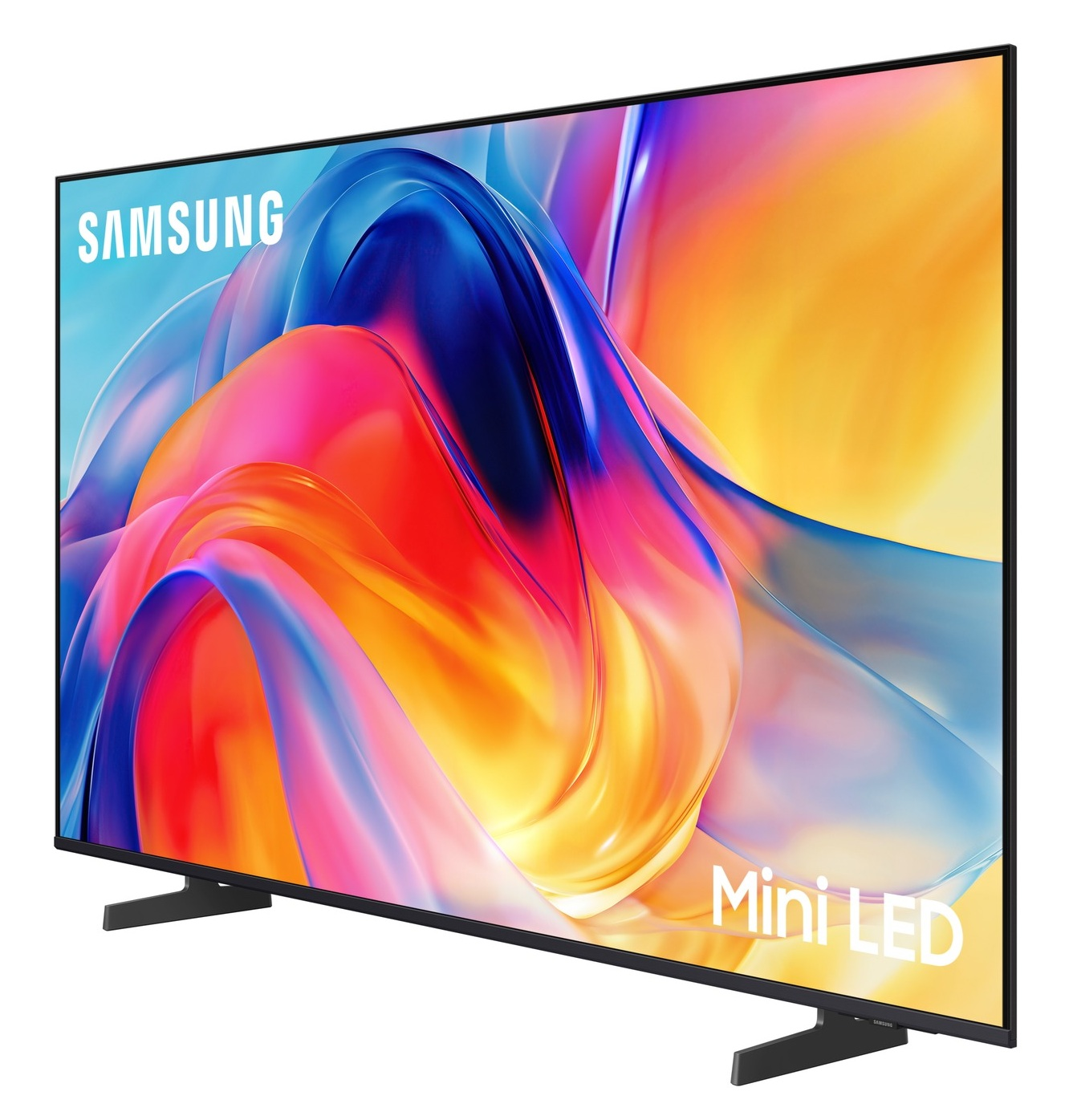 Telewizor Samsung Mini LED wyświetlający kolorowy, abstrakcyjny wygaszacz ekranu.