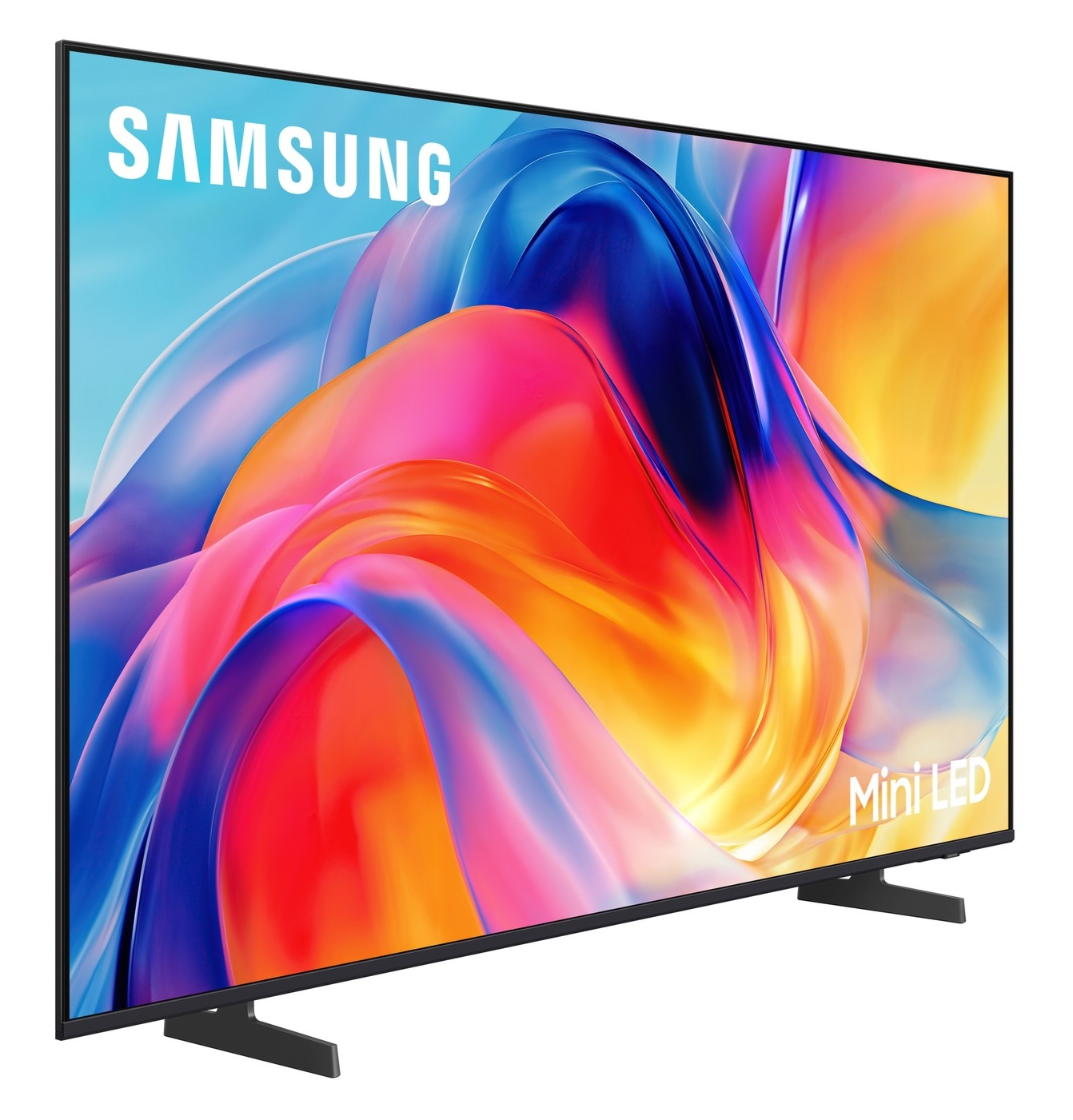 Telewizor Samsung Mini LED z żywym, abstrakcyjnym kolorowym ekranem i czarną podstawą.