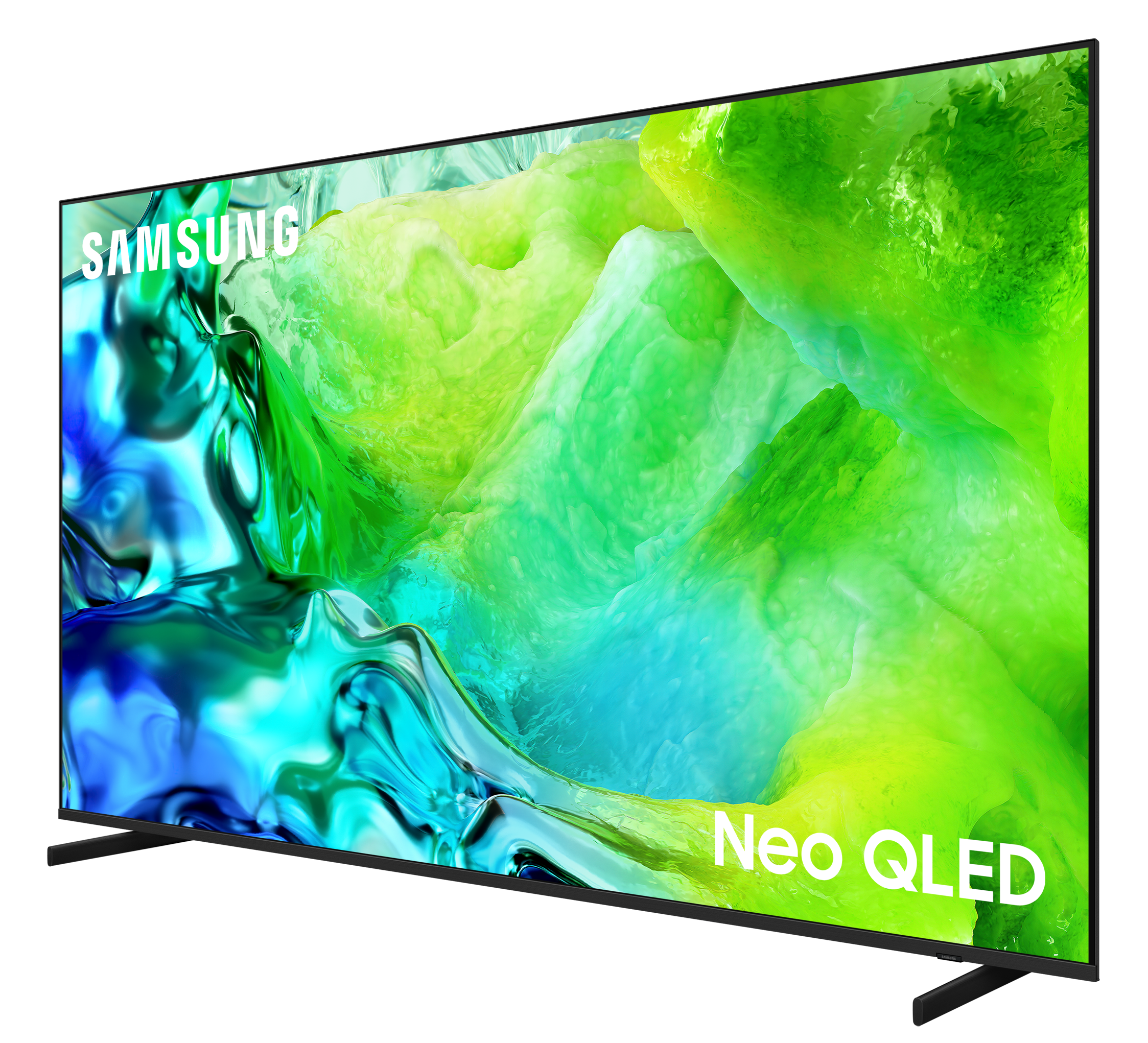 Telewizor Samsung Neo QLED z abstrakcyjnym zielono-niebieskim tłem.