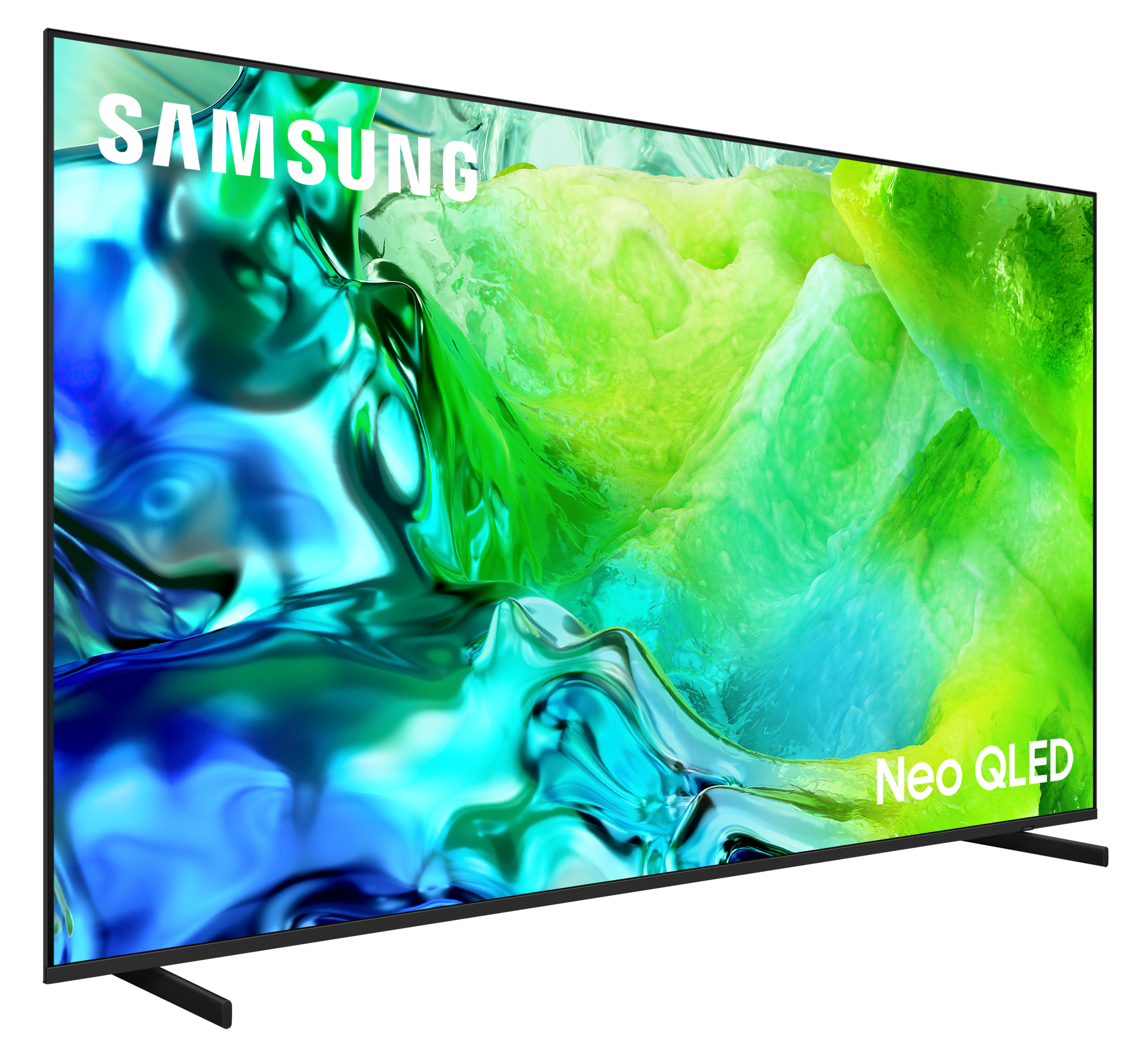 Telewizor Samsung Neo QLED wyświetlający abstrakcyjne zielono-niebieskie tło.