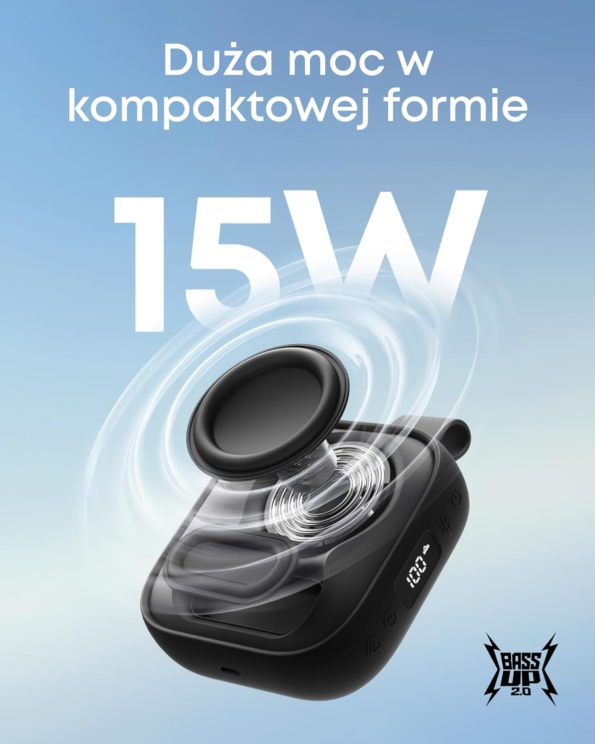 Czarny głośnik 15W, przezroczysta obudowa i logo Bass Up 2.0.