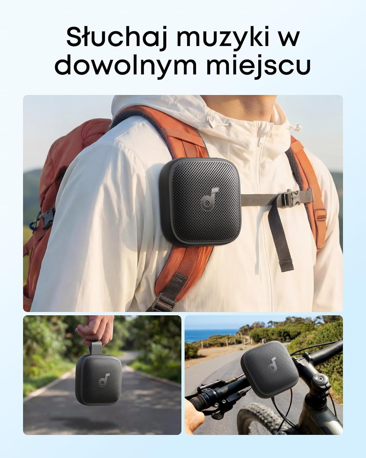 Czarny głośnik przymocowany do plecaka, ręki i roweru.