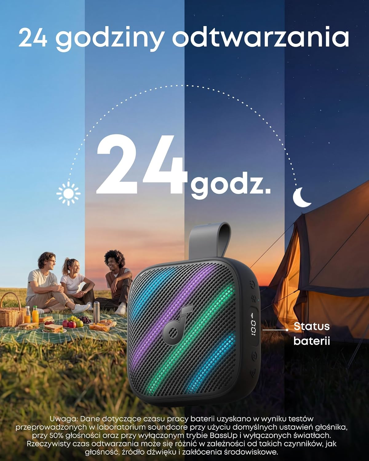 Przenośny głośnik z efektami świetlnymi, oferujący 24h odtwarzania.
