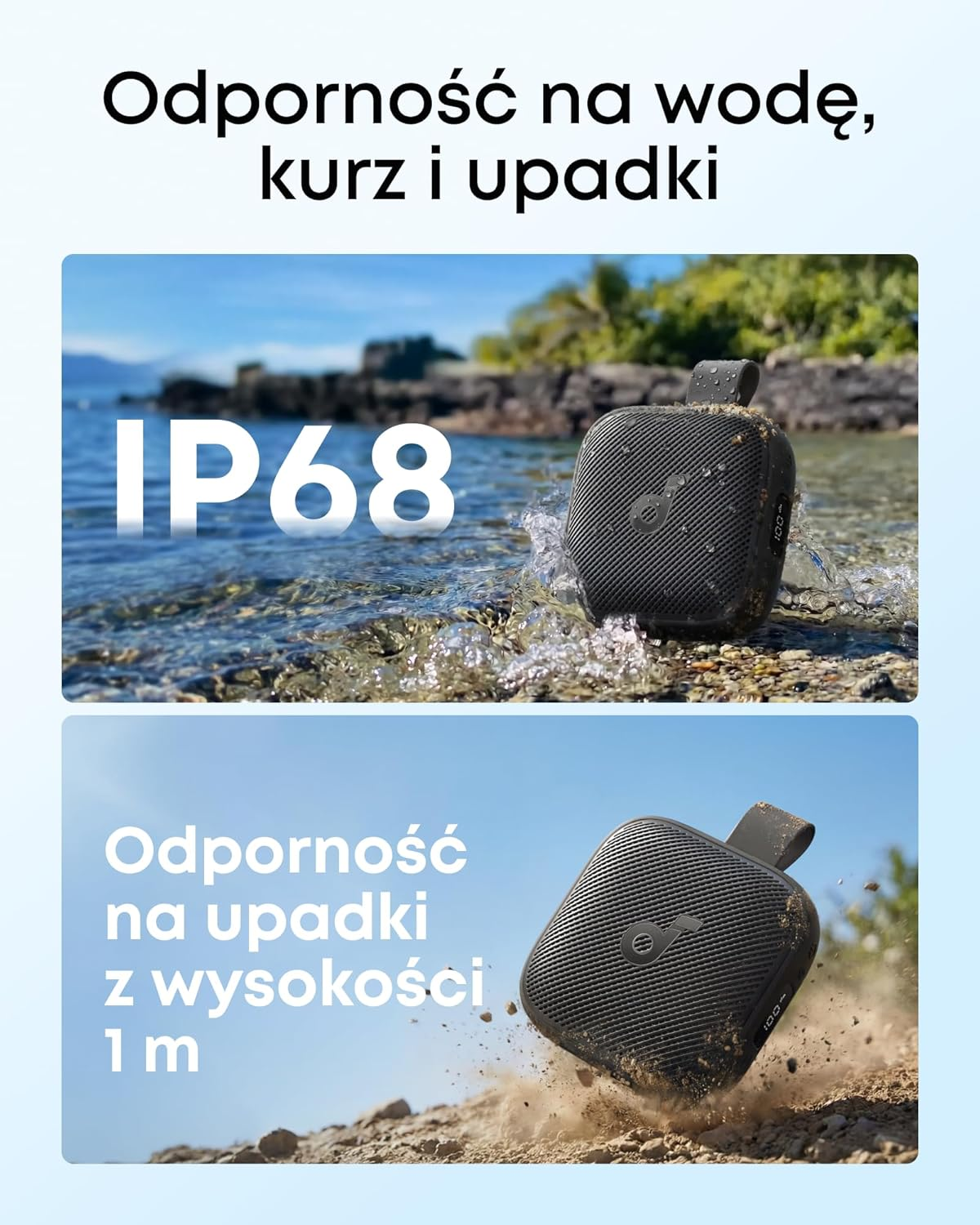 Czarny głośnik w wodzie i na piaszczystym podłożu, z certyfikatem IP68 i odporny na upadki.