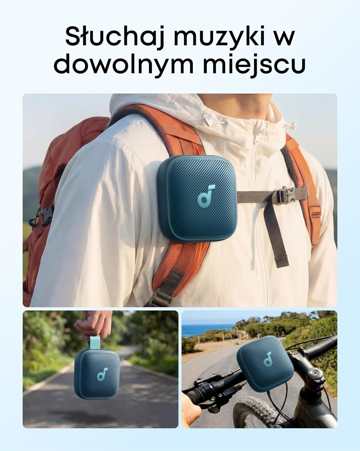 Niebieski głośnik przymocowany do plecaka, dłoni i kierownicy roweru.