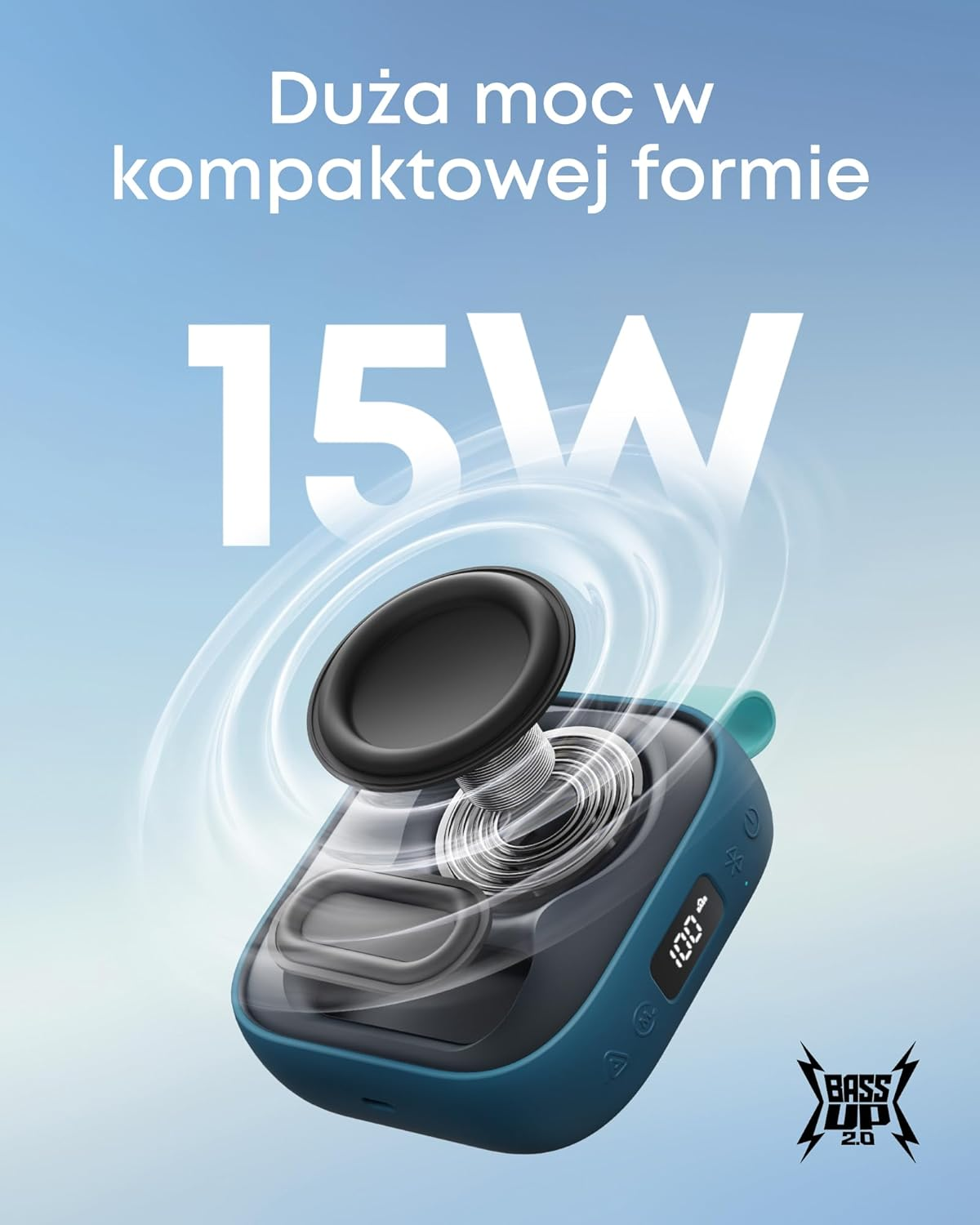 Niebieski głośnik 15W, pokazujący wewnętrzne podzespoły.