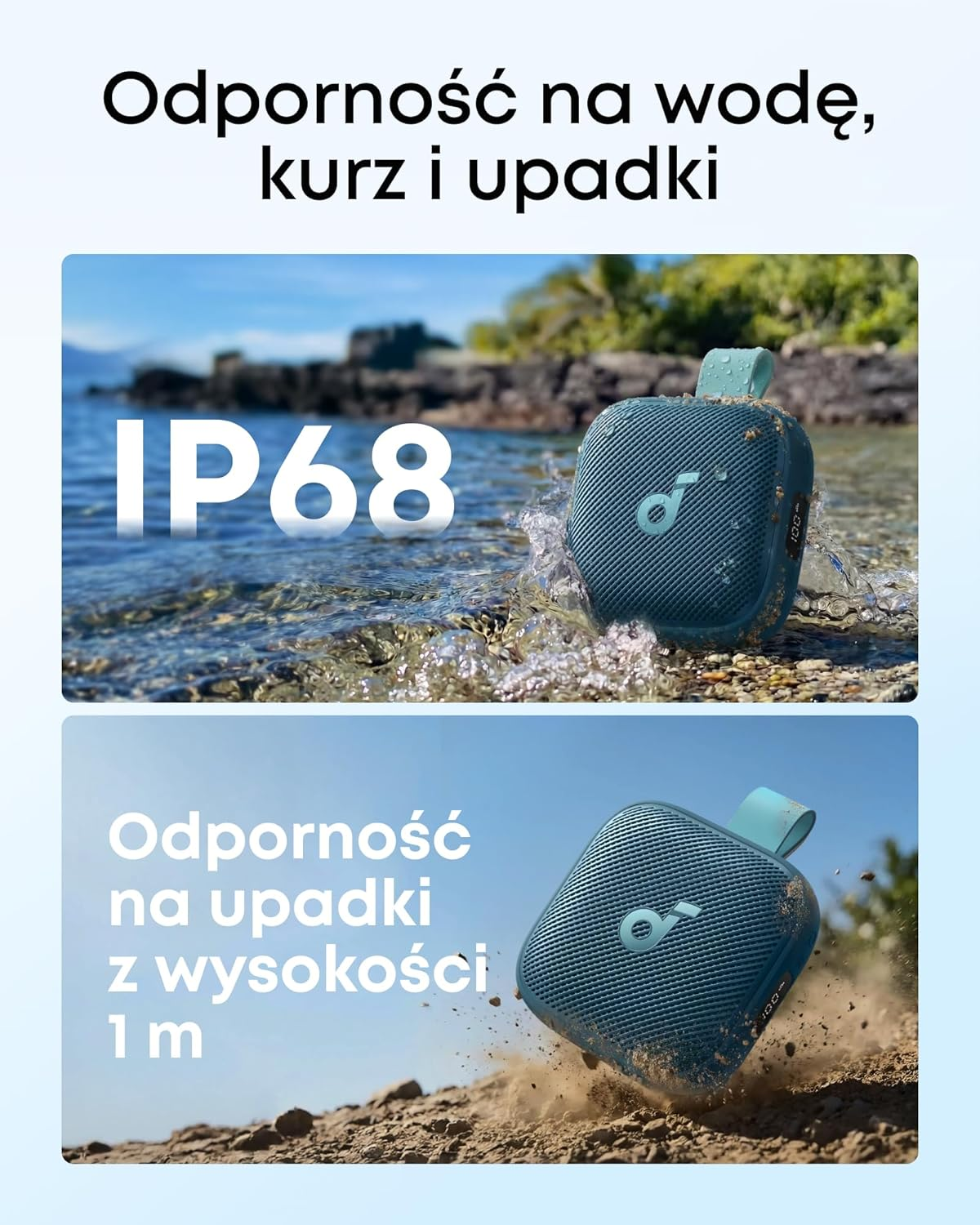 Niebieski głośnik nad wodą (IP68) i na piaszczystym podłożu.