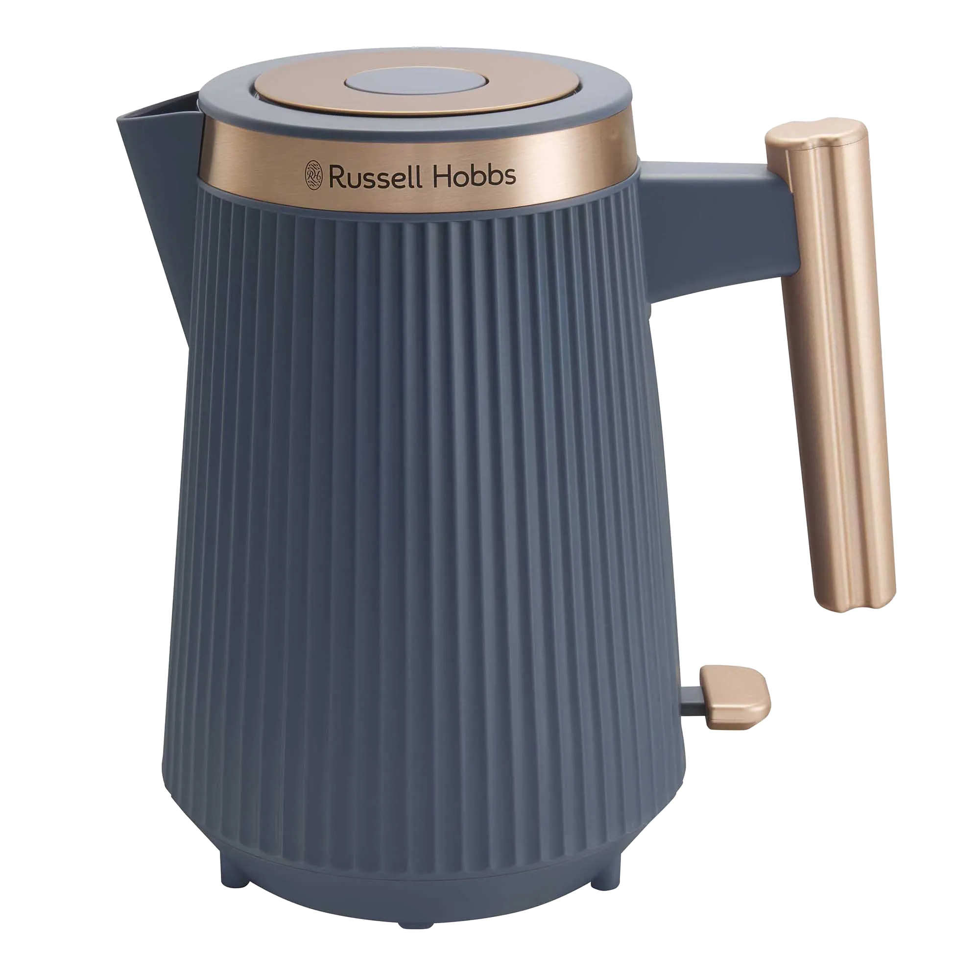 Ciemnoszary czajnik Russell Hobbs z prążkowanym wzorem i miedzianymi akcentami.