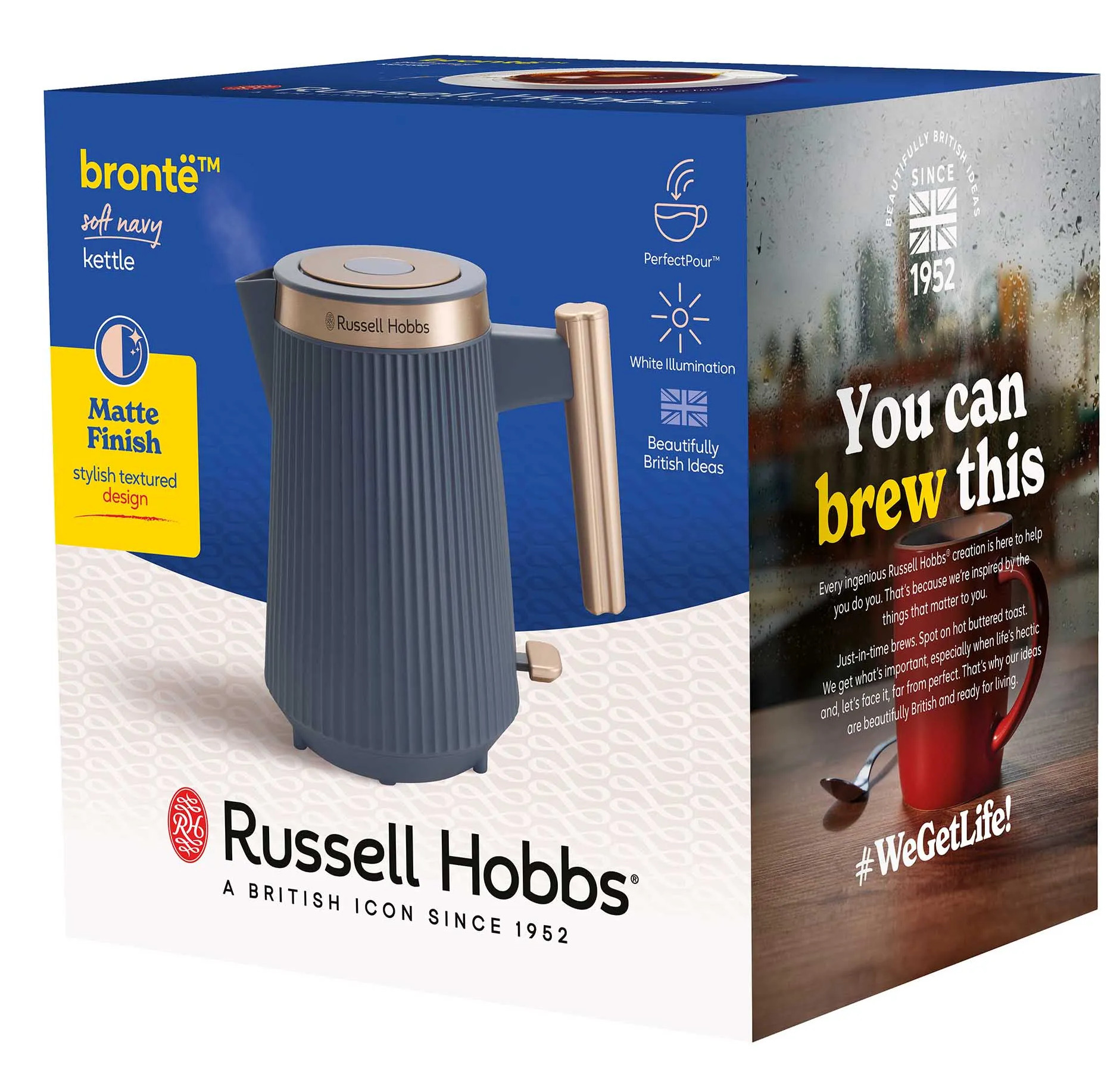 Ciemnoniebieski czajnik Russell Hobbs ze złotymi akcentami na opakowaniu.