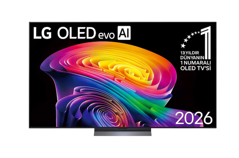 Renkli soyut tasarımlı LG OLED evo AI TV ve 2026 yılı.