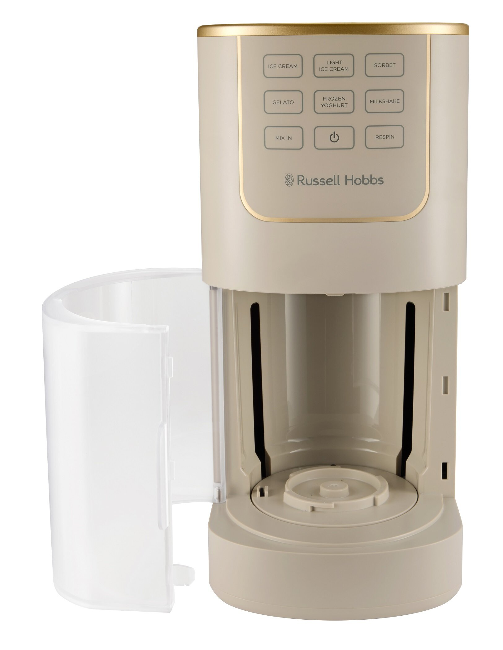 Beżowa maszyna do lodów Russell Hobbs z przyciskami sterowania i otwartą klapą.