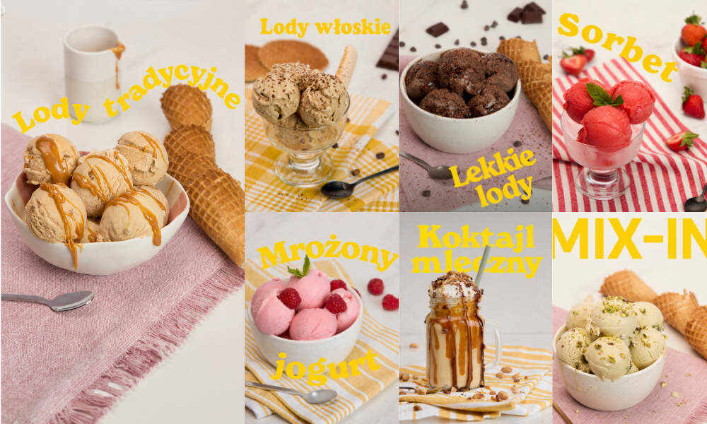 Wybór lodów: karmelowe, czekoladowe, sorbet truskawkowy, jogurt malinowy, pistacjowe, koktajl.
