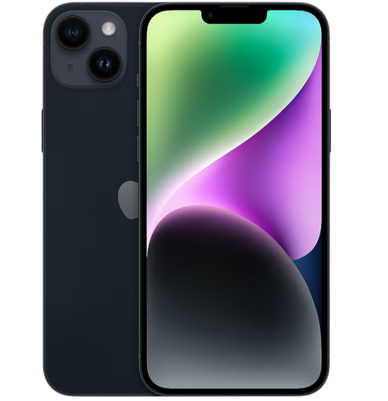 Koyu mavi iPhone, çift arka kamera ve renkli ekrana sahip.