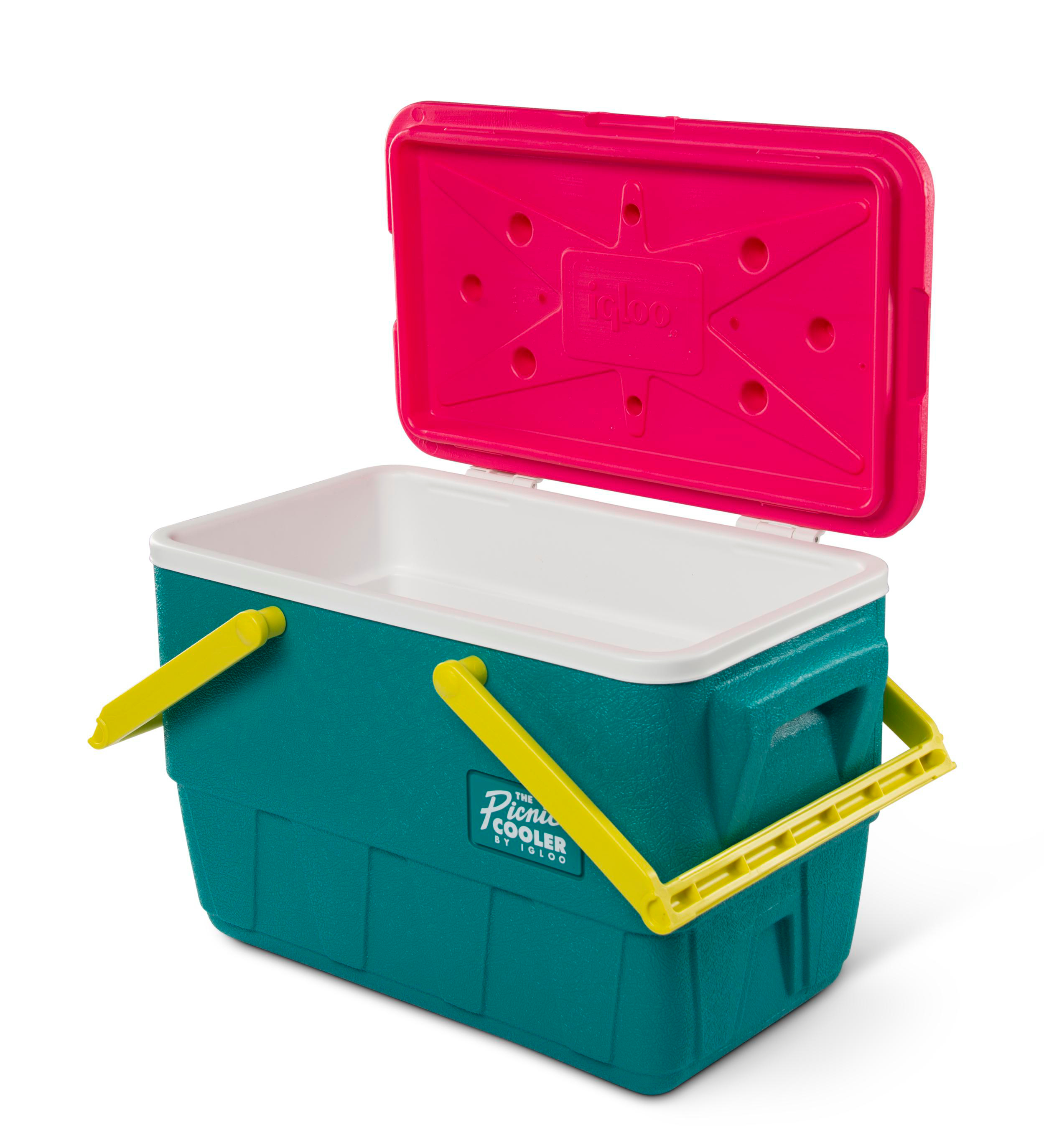 Ein türkisfarbener Kühlbox mit gelben Griffen und einem offenen, pinken Deckel.
