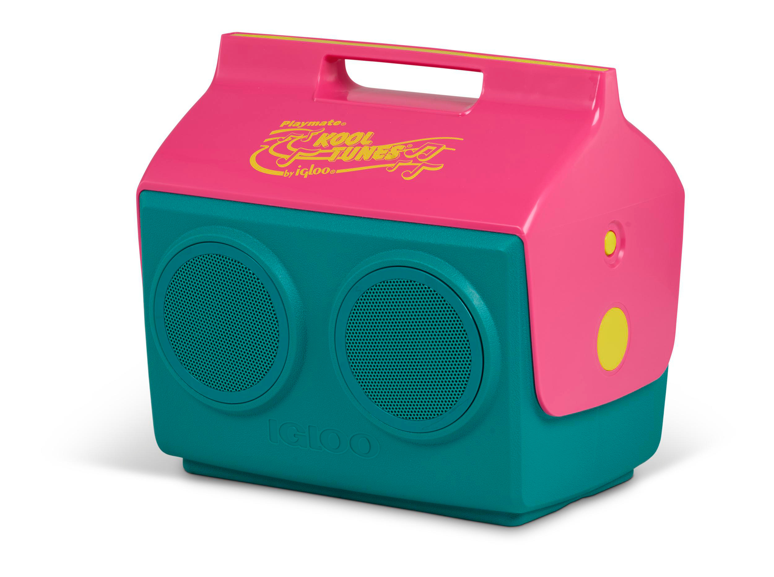 Ein pinker und türkiser tragbarer Kühler mit Lautsprechern und "Kool Tunes" Logo.
