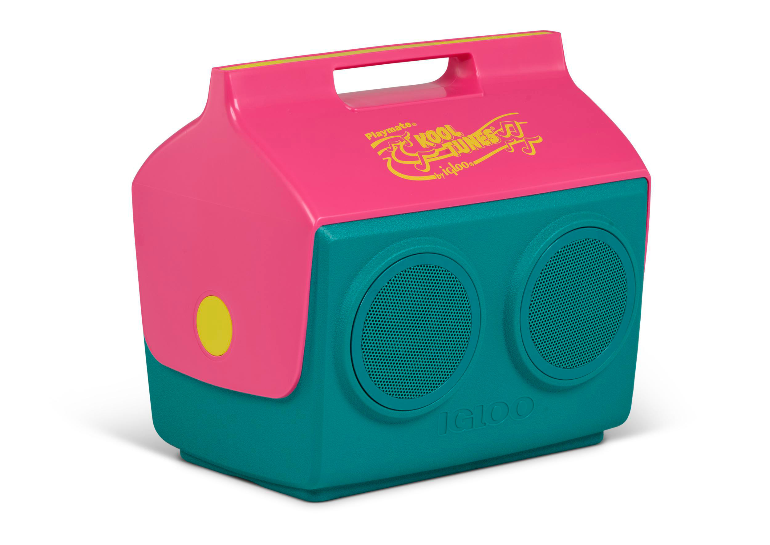Ein pinker und türkiser Kühlbox-Radio mit zwei Lautsprechern und einem gelben Knopf.