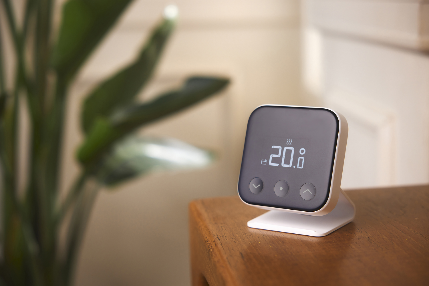 Un termostato digital muestra 20 grados Celsius. Una planta a la izquierda.