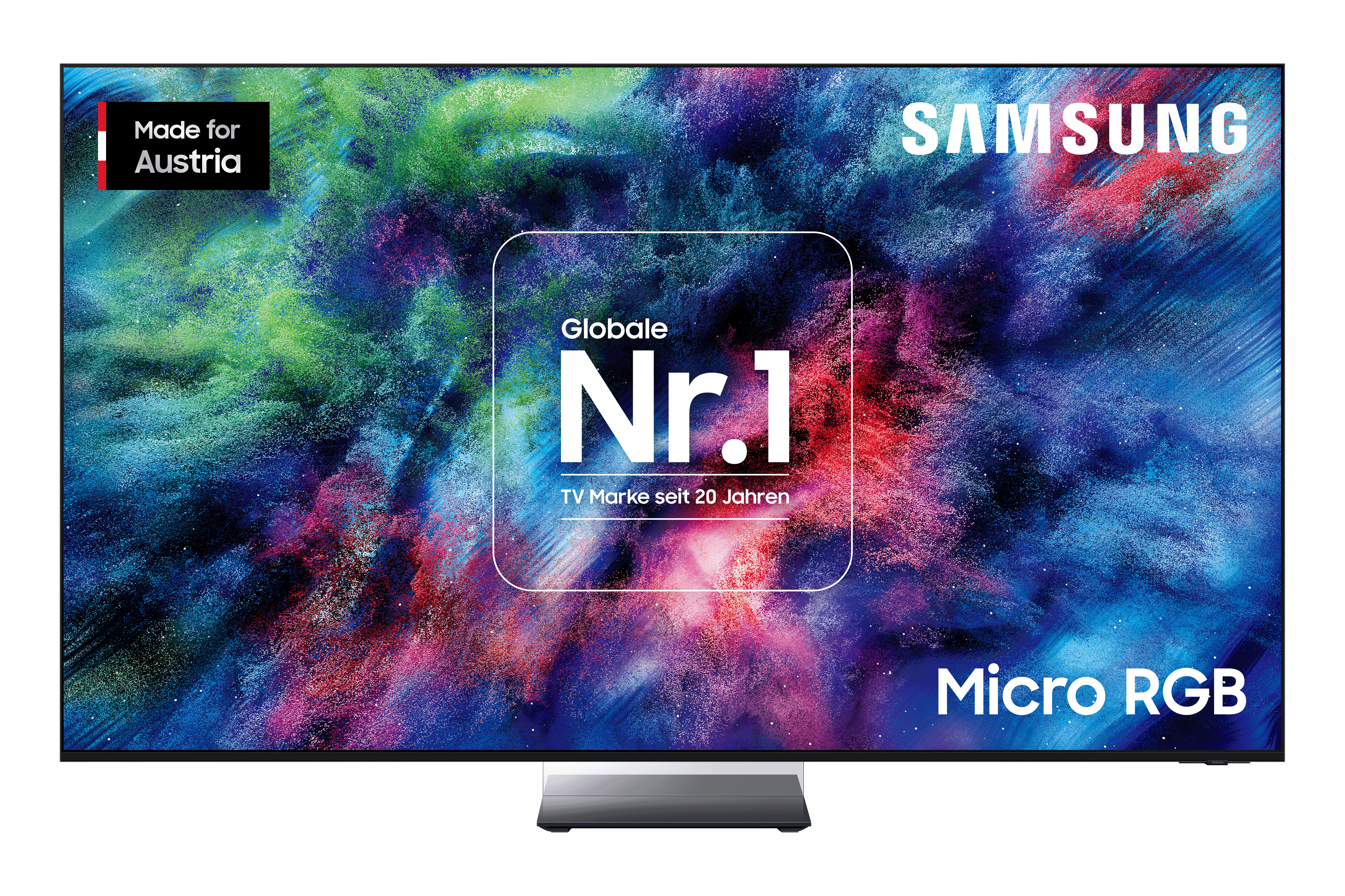 Samsung TV mit Micro RGB und "Made for Austria"-Logo. Bunt, abstrakt.