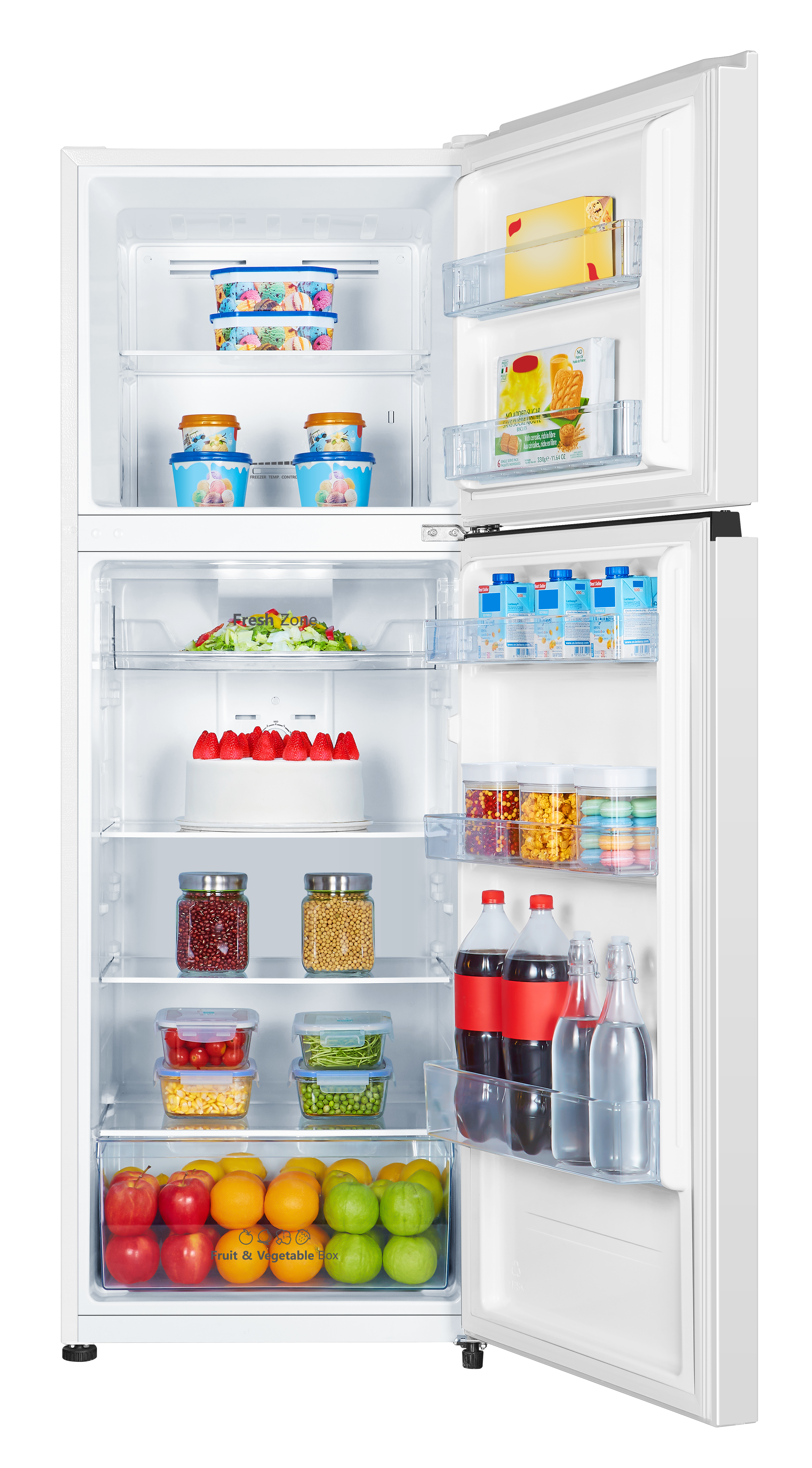 Refrigerador abierto con helado, frutas, verduras, pastel y bebidas.