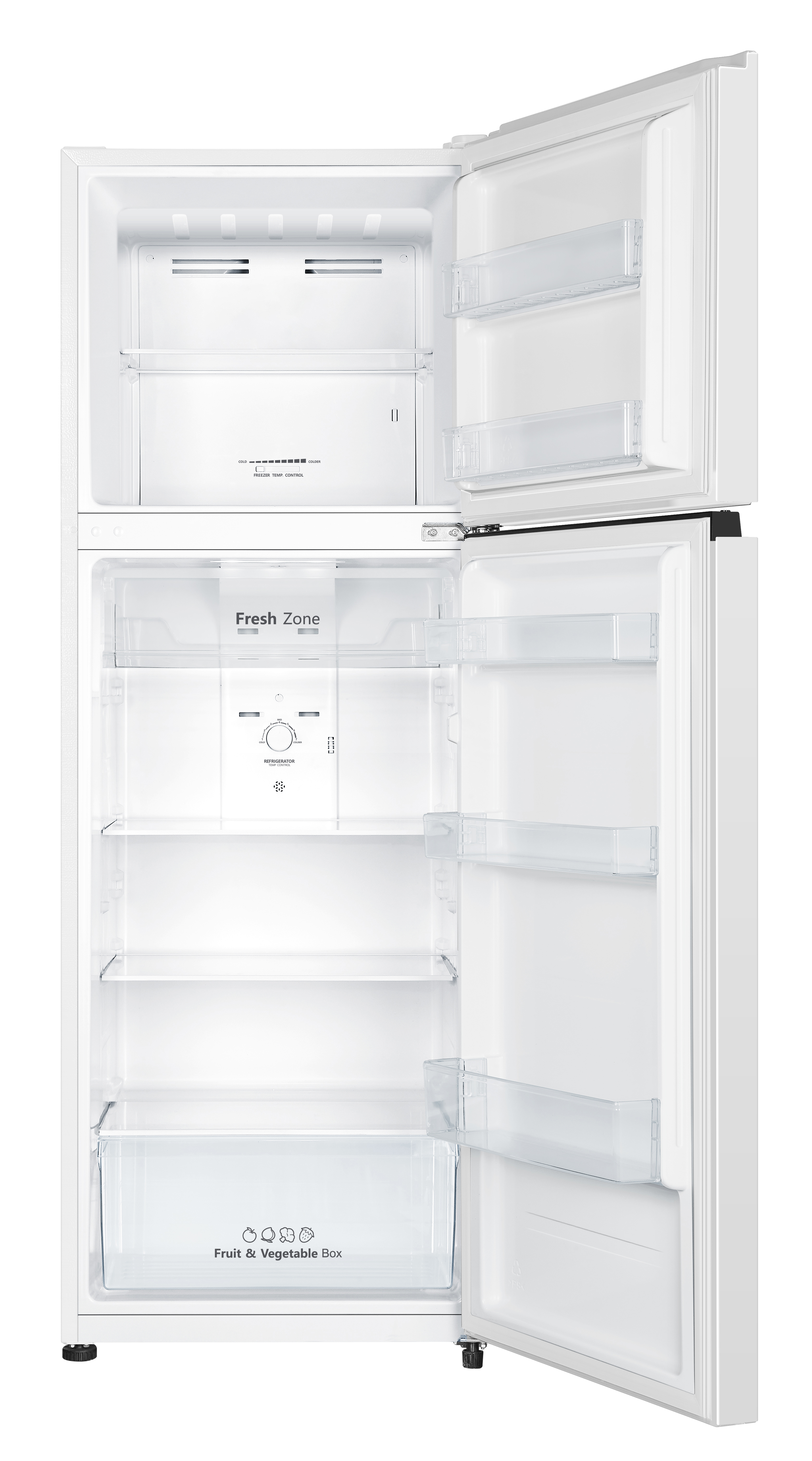 Un refrigerador blanco con las puertas abiertas, mostrando estantes y cajones.