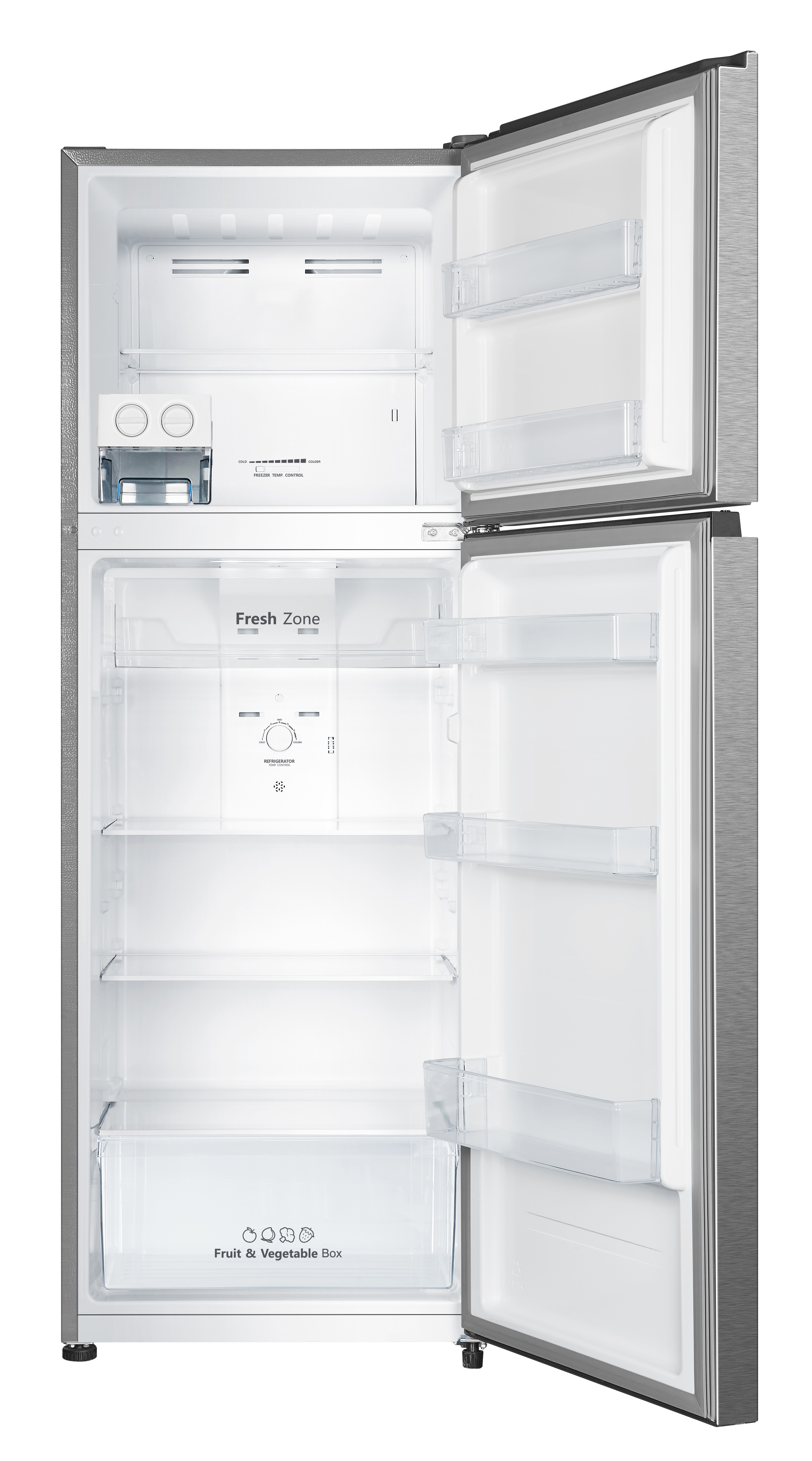 Un refrigerador plateado vacío con la puerta abierta. Se ven estantes y cajones.