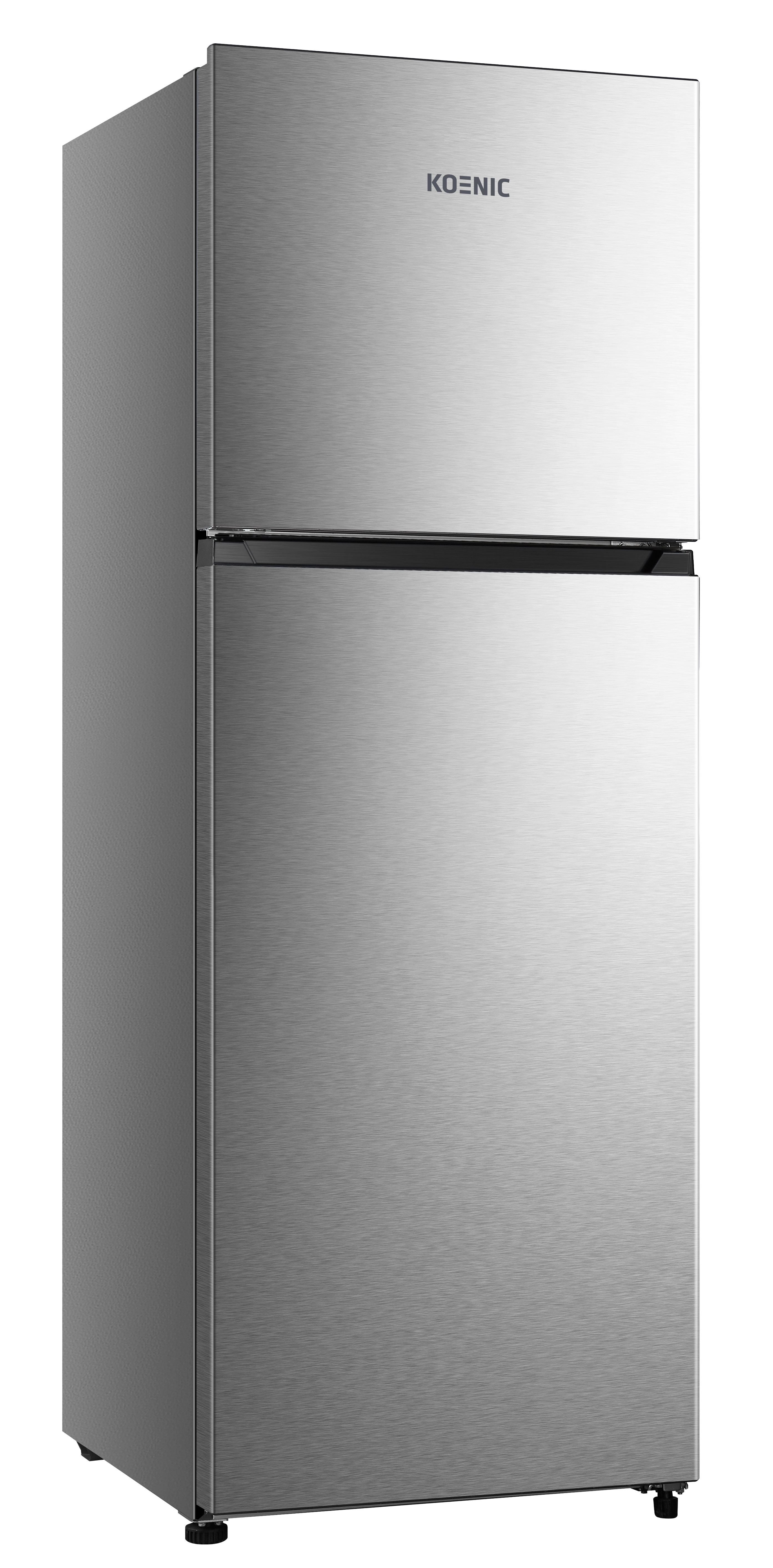 Un refrigerador plateado de dos puertas con el logo de KOENIC.