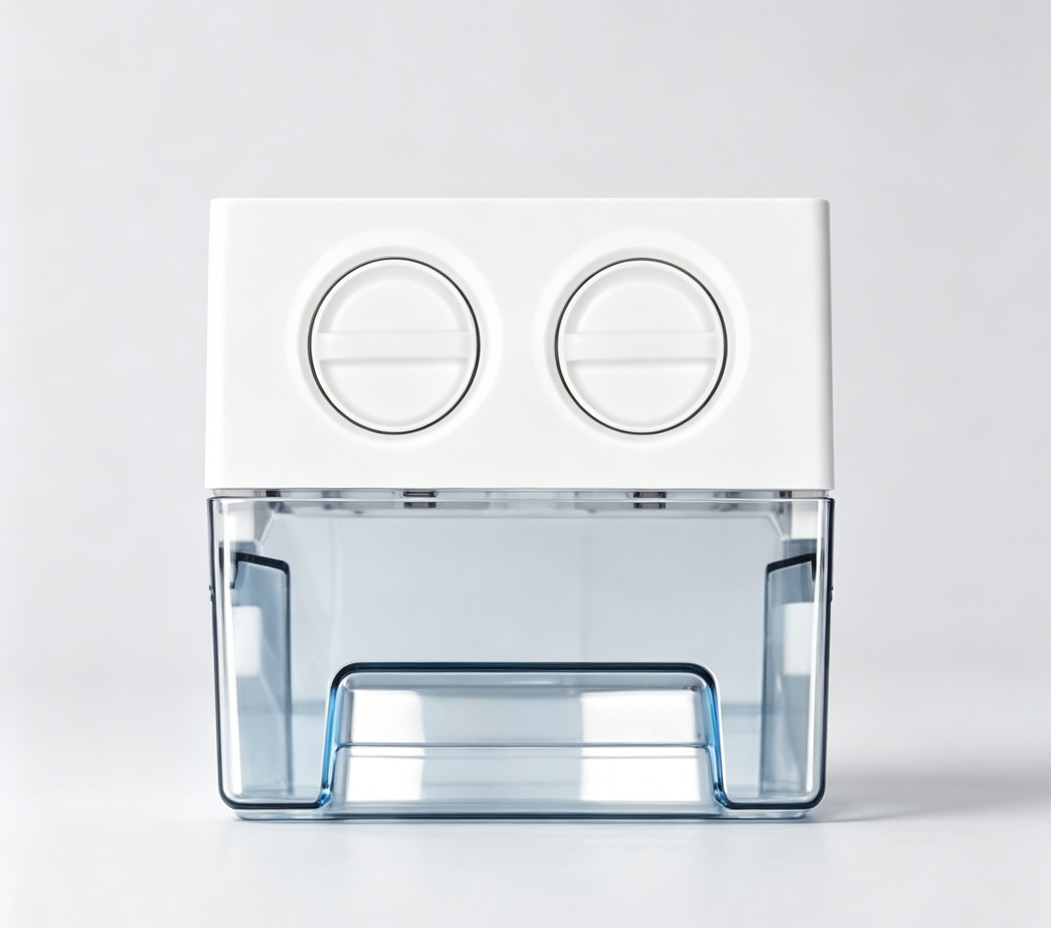 Un recipiente blanco con dos aberturas circulares arriba y una sección inferior transparente.