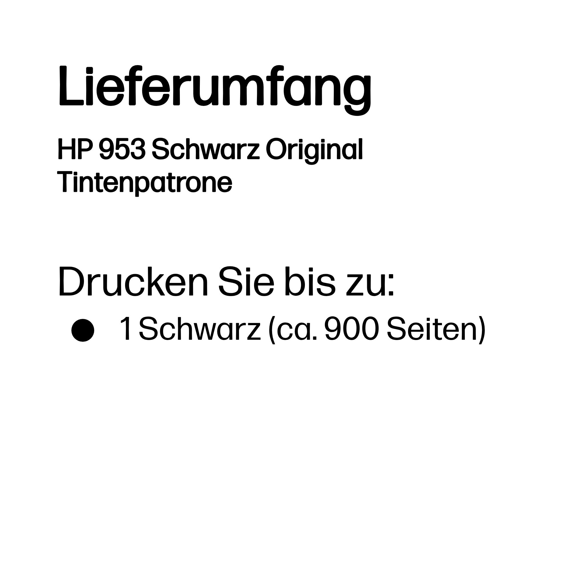 Lieferumfang: HP 953 Schwarz Original Tintenpatrone. Drucken Sie bis zu 1 Schwarz (ca. 900 Seiten).
