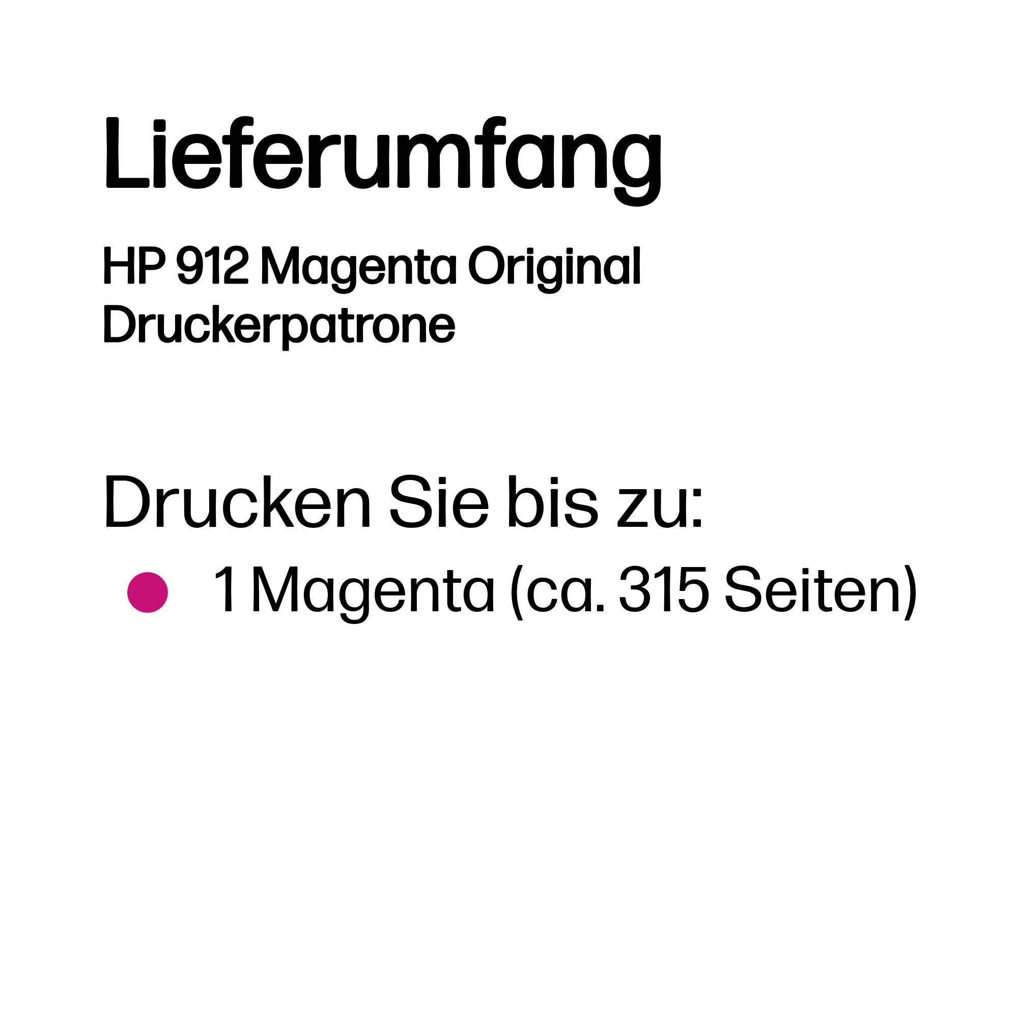 Lieferumfang: HP 912 Magenta Druckerpatrone. Druckt bis zu 315 Seiten.