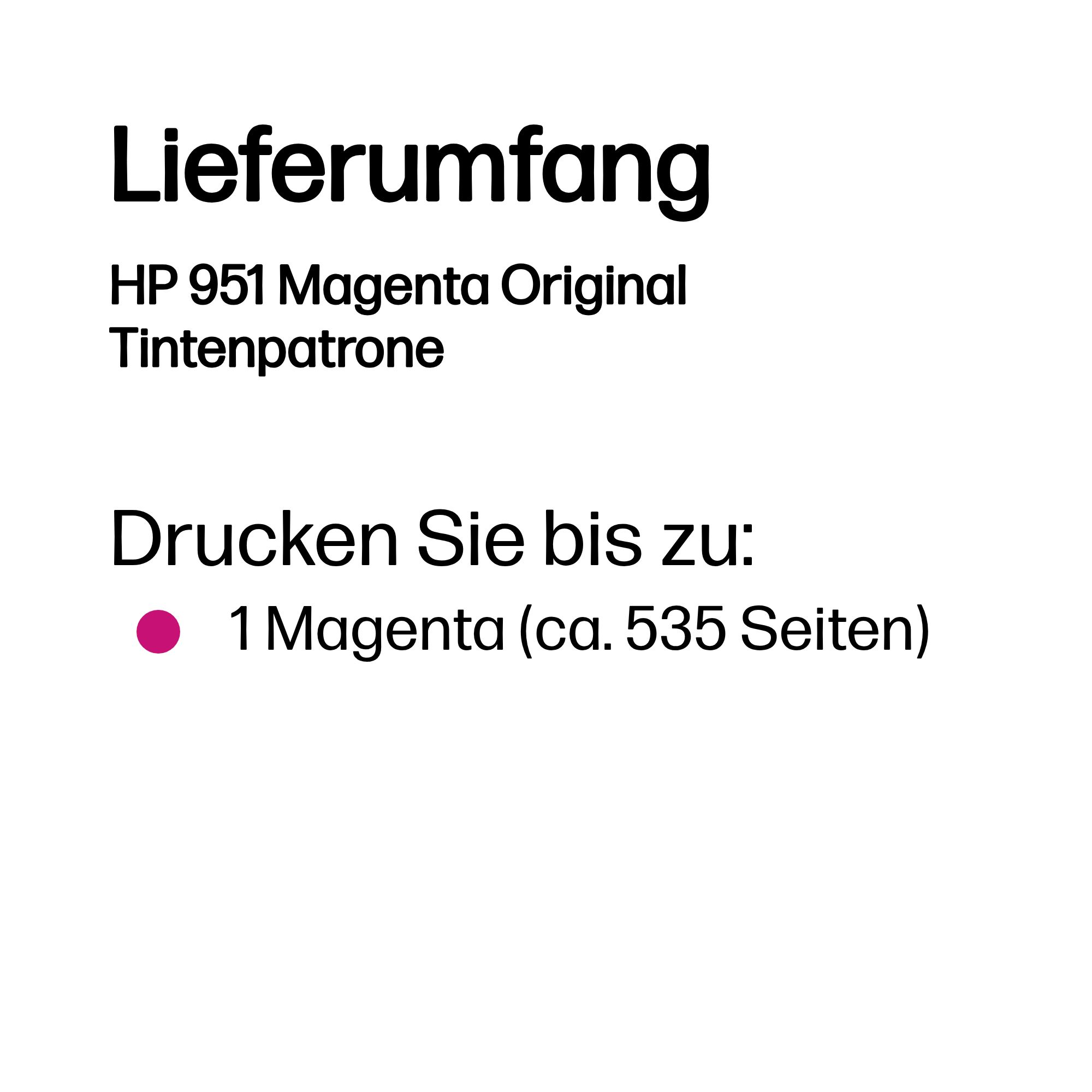 Lieferumfang: HP 951 Magenta Tintenpatrone, druckt bis zu 535 Seiten.