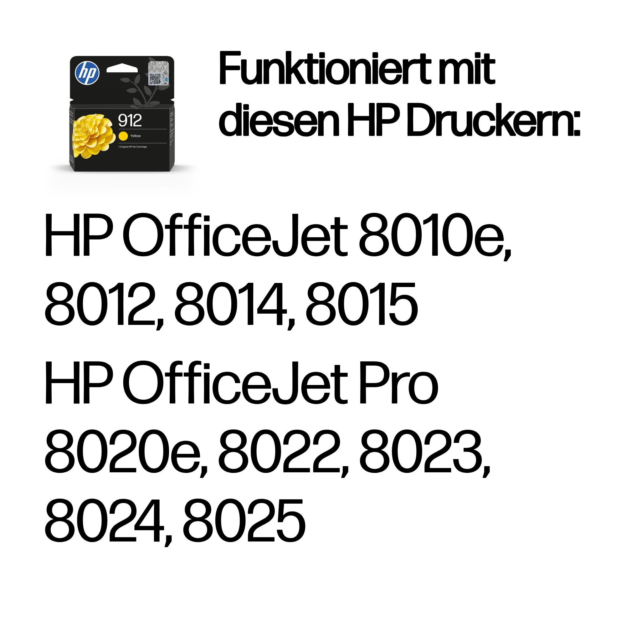HP 912 gelbe Tintenpatrone. Kompatibel mit HP OfficeJet 8010e/8012/8014/8015/8020e/8022/8023/8024/8025.