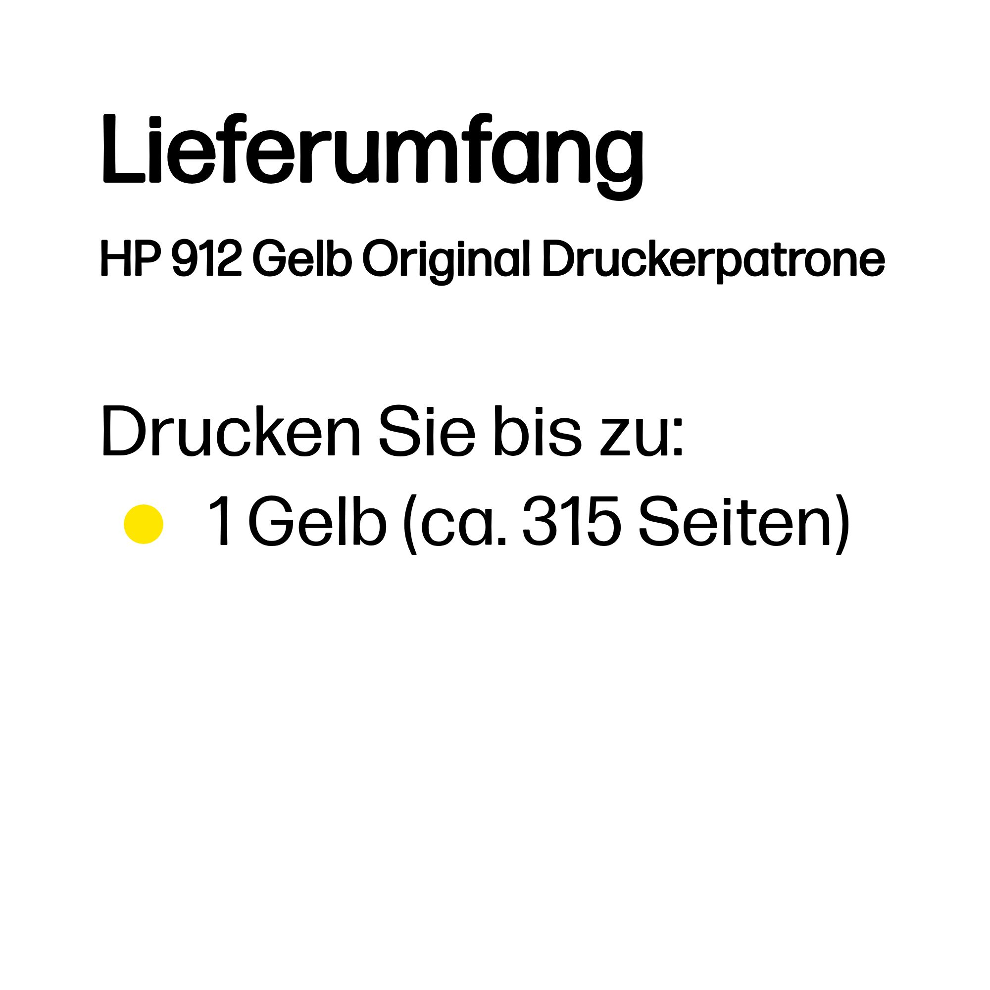 Lieferumfang: HP 912 Gelb Druckerpatrone. Drucken Sie bis zu 1 Gelb (ca. 315 Seiten).