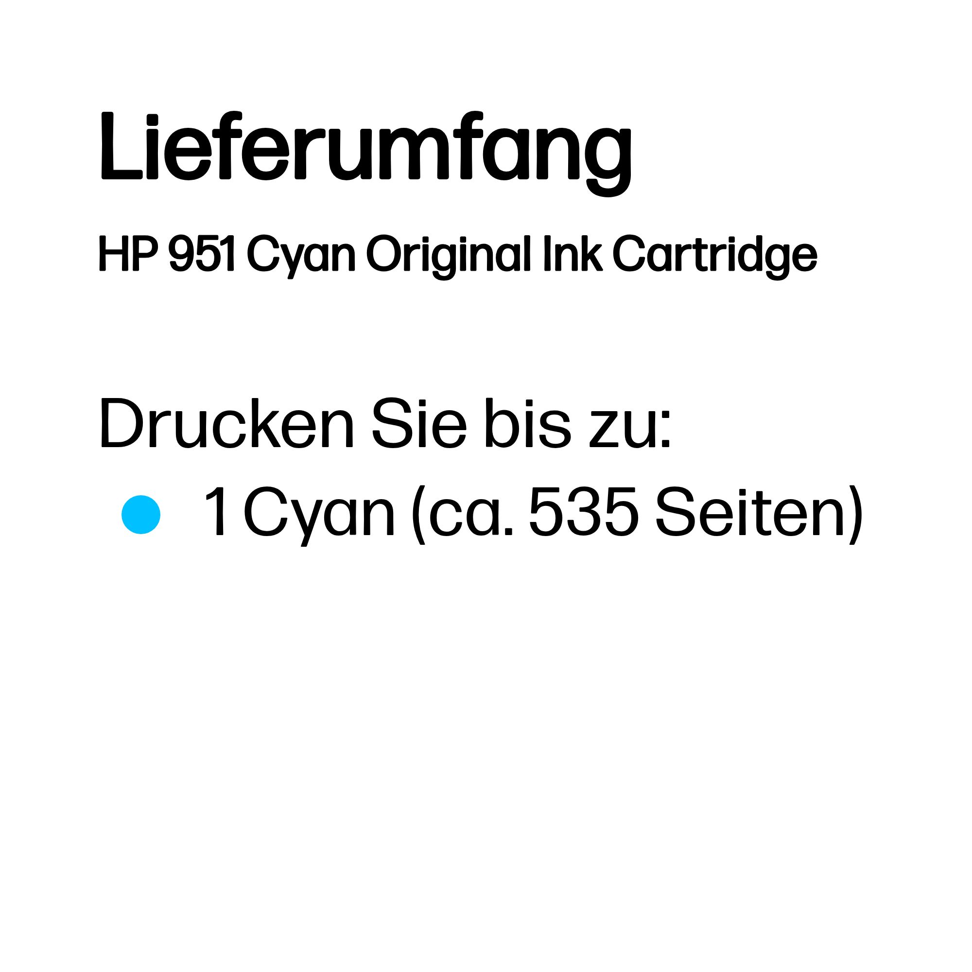 Lieferumfang: HP 951 Cyan Tintenpatrone, ca. 535 Seiten.
