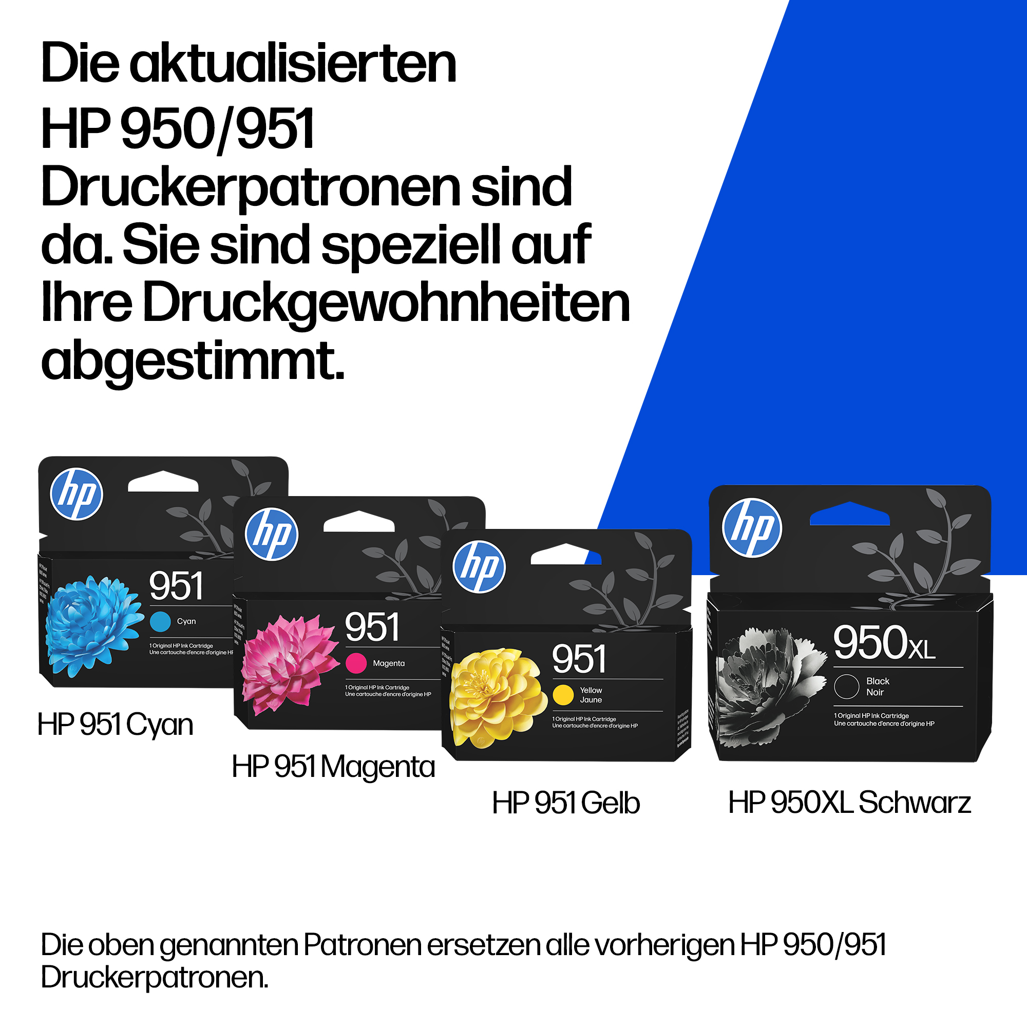 HP 951 Cyan, Magenta, Gelb und 950XL Schwarz Druckerpatronen mit Blumenmotiv.